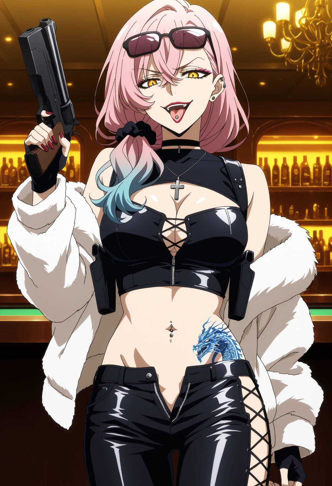 1girl, solo , source_anime, doctor, long hair, bangs, hair between eyes, yellow eyes, pink hair, makeup, lipstick, multicolored hair, gradient hair, scrunchie, blue hair,,nail polish, ear piercing, long hair, , lipstick, Hot girl, baddie,, sensual, attractive ,choker , cross necklace, castle, bar background, inside bar ,indoors, , casino, , fur jacket , bare shoulders , white fur , , , leather pants , dark brown , fur , side inserts , weapon holder , weapon , fingerless gloves , leather , , cowboy shot , masterpiece , best quality , highly detailed , a girls with a gun , evil smile , open mouth , sexy gaze , badass pose , evil smile , smile , (nsfw) not safe for work , guns blazing , anime girl with long hair , beautiful long haired girl , navel , evil expression , exposed belly , exposed navel , exposed midriff , exposed lower belly ,cleavage , , open fly , low rise black skirt , leather jacket , holding a gun , holding pistol ,cleavage cutout, , pull_down skirt , (show off panties , :1 . 2 , no panties) , pull_down skirt , , zip up leather jacket , bikini top , navel piercing , cross-laced slit , tongue piercing , tongue out , open mouth , clitoris piercing ,, , shoulder holster,, sunglasses on head ,medium large breast ,looking at viewer , dragon tattoo on waist, narrowed eyes, tattoo on waist, anipai_style , anime screencap , anime coloring, v-shape eyebrows,,