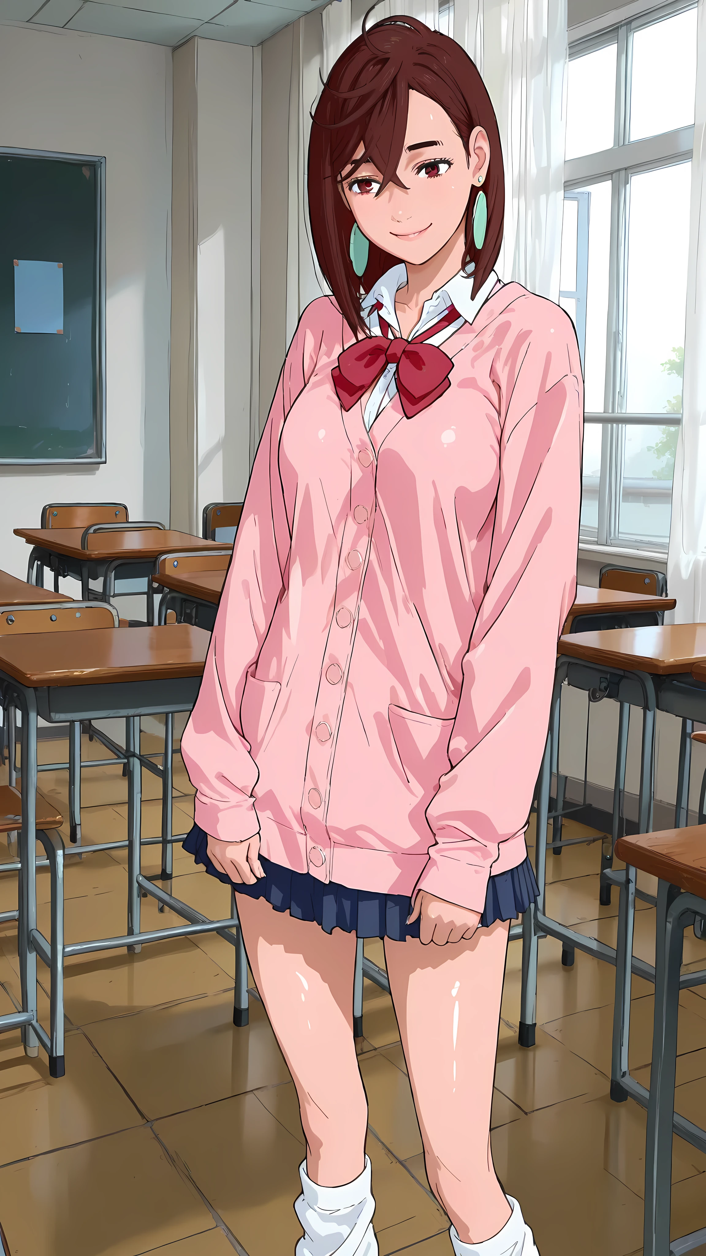 (masterpiece,best quality:1.2,amazing quality,very aesthetic, absurdres, newest), (anime coloring), official style,( Ayase Momo, Dandadan),1girl,solo,(skinny:1.2), medium breasts,medium hair,brown hair,brown eyes,smile,pink cardigan, long cardigan, long sleeves, blue skirt, pleated skirt, school uniform, earrings, collared shirt, white shirt, Loose socks,shiny skin,standing,classroom,daytime,