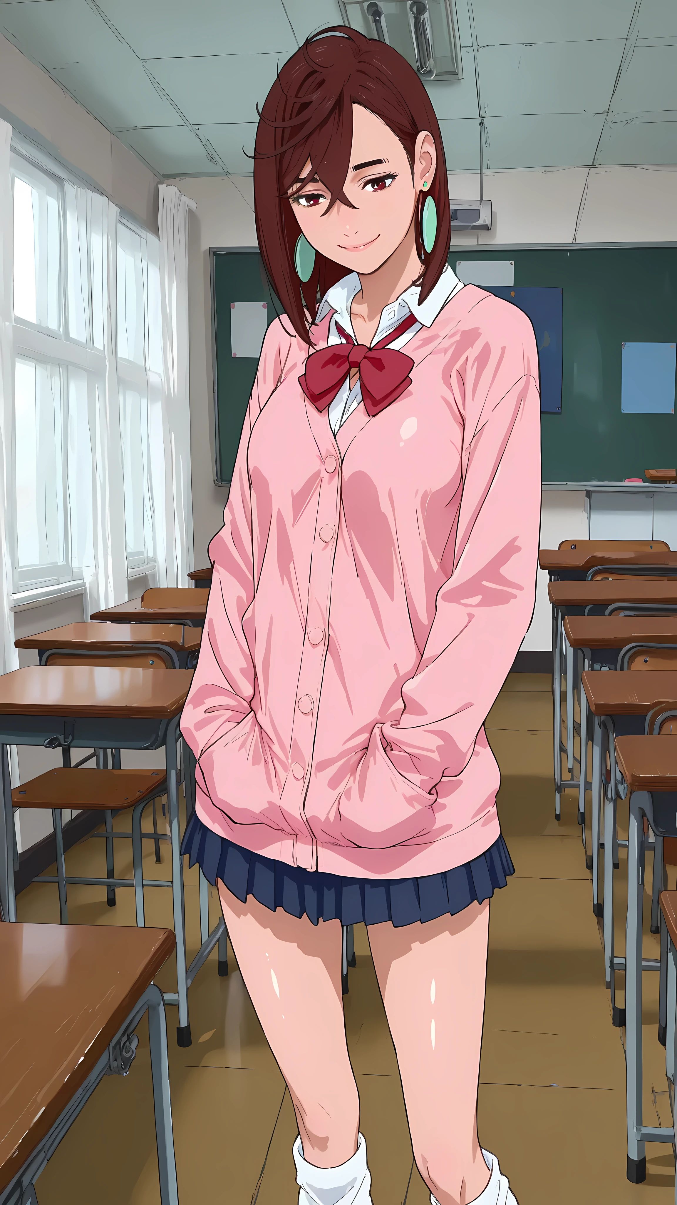 (masterpiece,best quality:1.2,amazing quality,very aesthetic, absurdres, newest), (anime coloring), official style,( Ayase Momo, Dandadan),1girl,solo,(skinny:1.2), medium breasts,medium hair,brown hair,brown eyes,smile,pink cardigan, long cardigan, long sleeves, blue skirt, pleated skirt, school uniform, earrings, collared shirt, white shirt, Loose socks,shiny skin,standing,classroom,daytime,