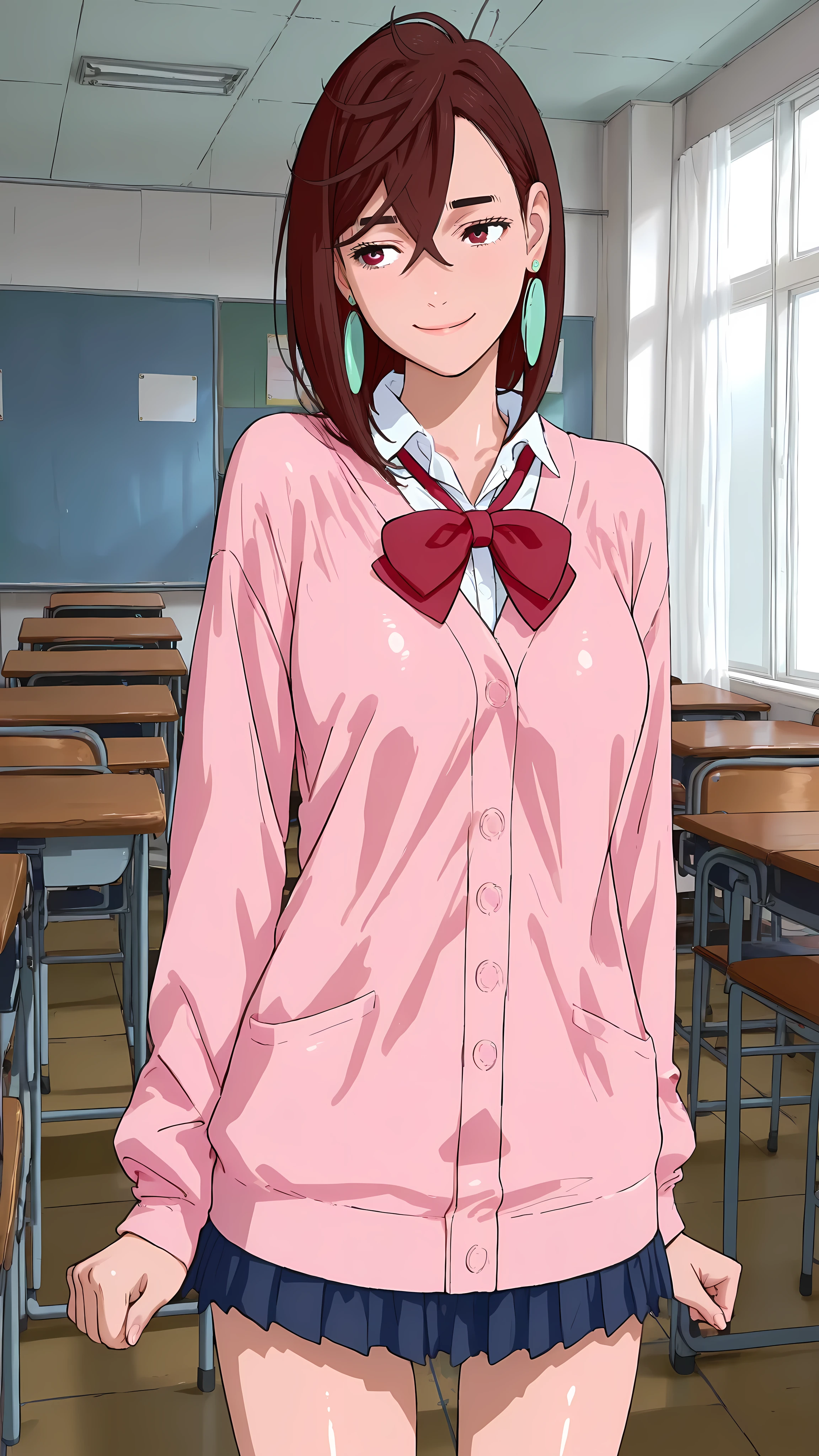 (masterpiece,best quality:1.2,amazing quality,very aesthetic, absurdres, newest), (anime coloring), official style,( Ayase Momo, Dandadan),1girl,solo,(skinny:1.2), medium breasts,medium hair,brown hair,brown eyes,smile,pink cardigan, long cardigan, long sleeves, blue skirt, pleated skirt, school uniform, earrings, collared shirt, white shirt,shiny skin,standing,class room,daytime,