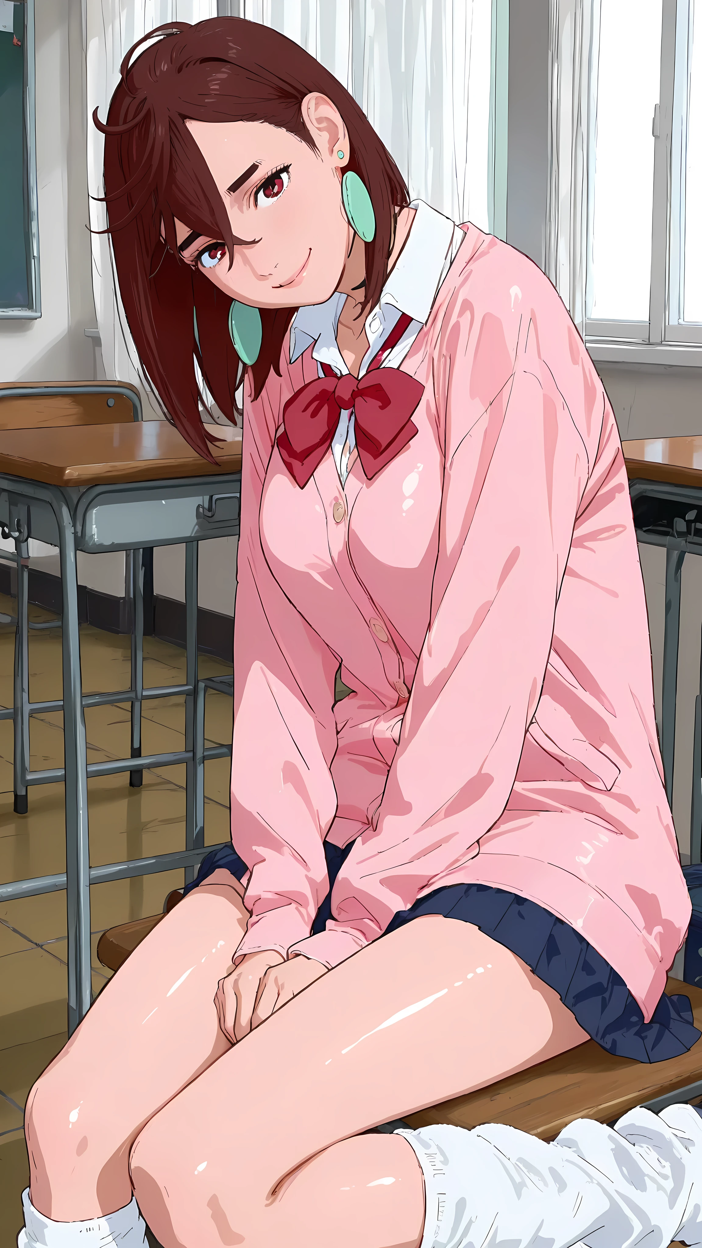 (masterpiece,best quality:1.2,amazing quality,very aesthetic, absurdres, newest), (anime coloring), official style,( Ayase Momo, Dandadan),1girl,solo,(skinny:1.2), medium breasts,medium hair,brown hair,brown eyes,smile,pink cardigan, long cardigan, long sleeves, blue skirt, pleated skirt, school uniform, earrings, collared shirt, white shirt, Loose socks,shiny skin,sitting,classroom,daytime,