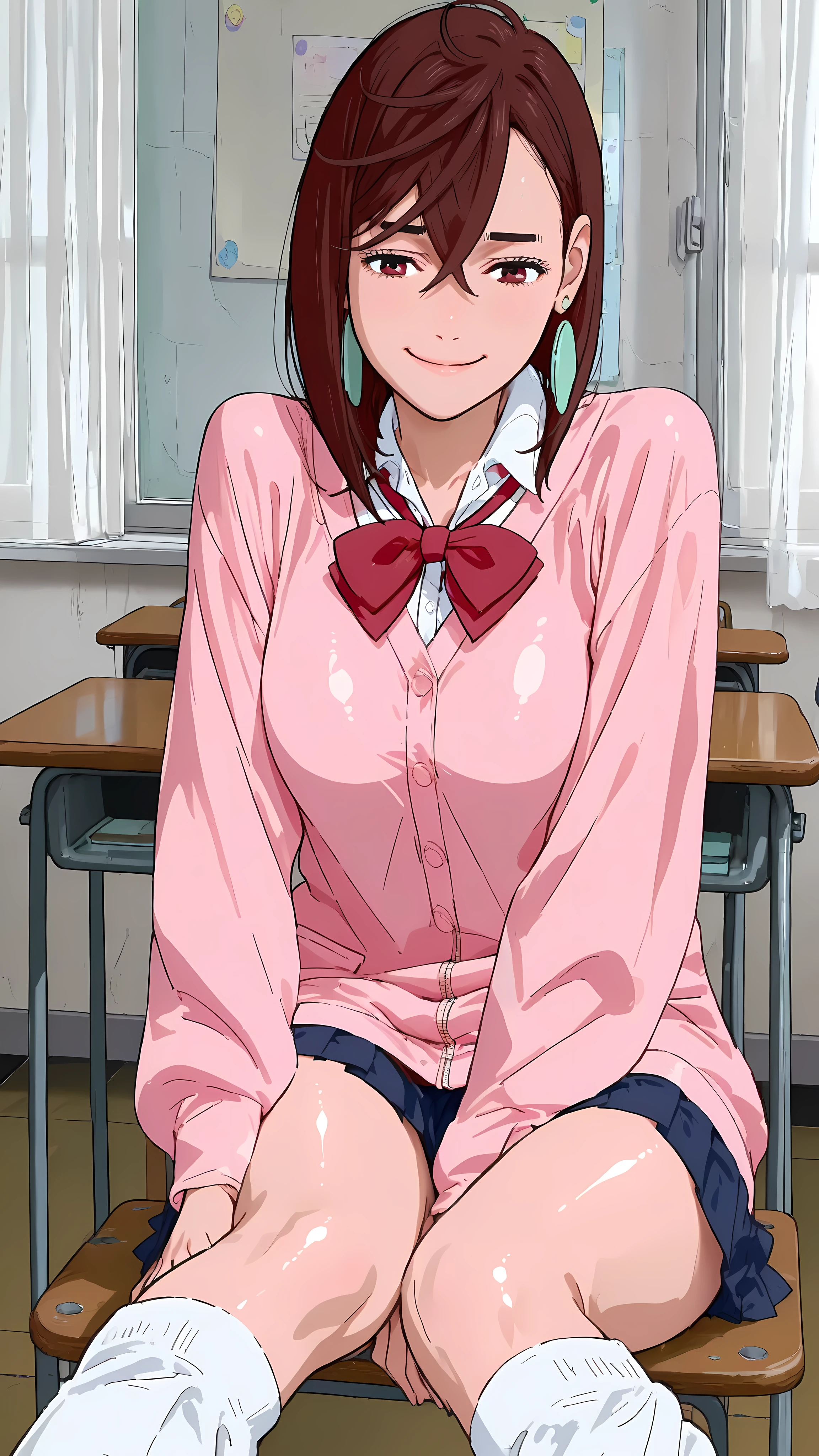 (masterpiece,best quality:1.2,amazing quality,very aesthetic, absurdres, newest), (anime coloring), official style,( Ayase Momo, Dandadan),1girl,solo,(skinny:1.2), medium breasts,medium hair,brown hair,brown eyes,smile,pink cardigan, long cardigan, long sleeves, blue skirt, pleated skirt, school uniform, earrings, collared shirt, white shirt, Loose socks,shiny skin,sitting,classroom,daytime,