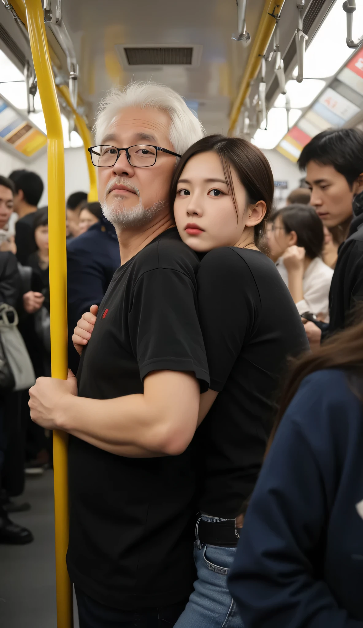 Amid the crowds of TOKYO subway passengers at rush hour, a beautiful Japanese woman and her boyfriend an old Japanese man with white hair and fat body caught in a dense stream of passengers. They stood in a row sideways in the crowded subway. The body of an old man was next to the woman so that he could barely move. They were holding on to the yellow hanging handle. Their clothing was casual, black tight tshirt and denim pants. The couple's facial expressions looked very tired. This photo was taken by a hidden camera behind the backs of other passengers, kamera medium close-up, foto tampak samping.