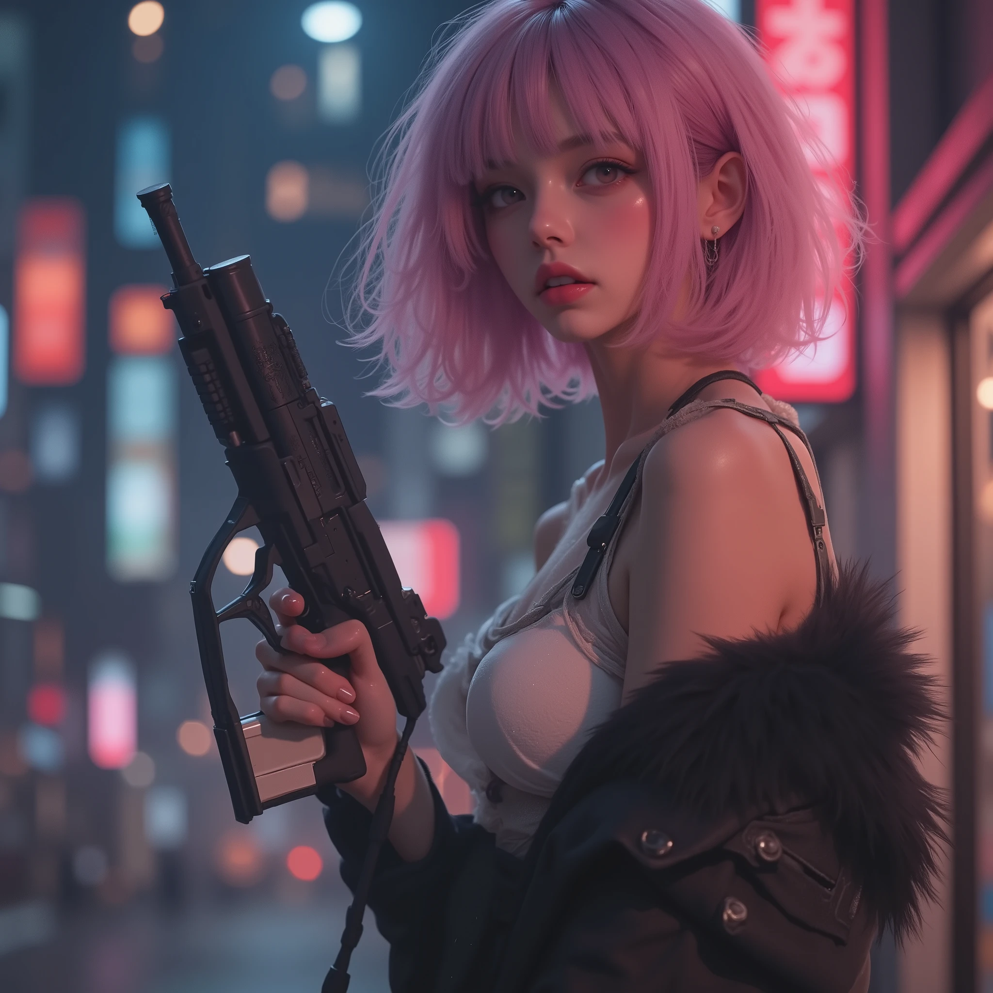 Photo Real、realistic skin texture、tight cyberpunk fashion、Fluffy Shoulder-Length Hair、dim cyberpunk city、beautiful pink eyes、pink hair、gun