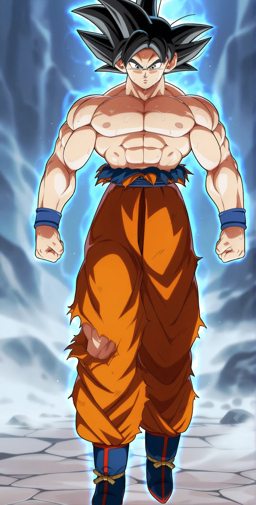 masterpiece,best quality,amazing quality, Goku,sweaty and shiny, full body shot , front facing portrait, light from front.