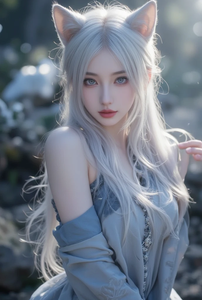 Long white hair, blue eyes, serious features, white skin, loose style, in a garden, with flowers 