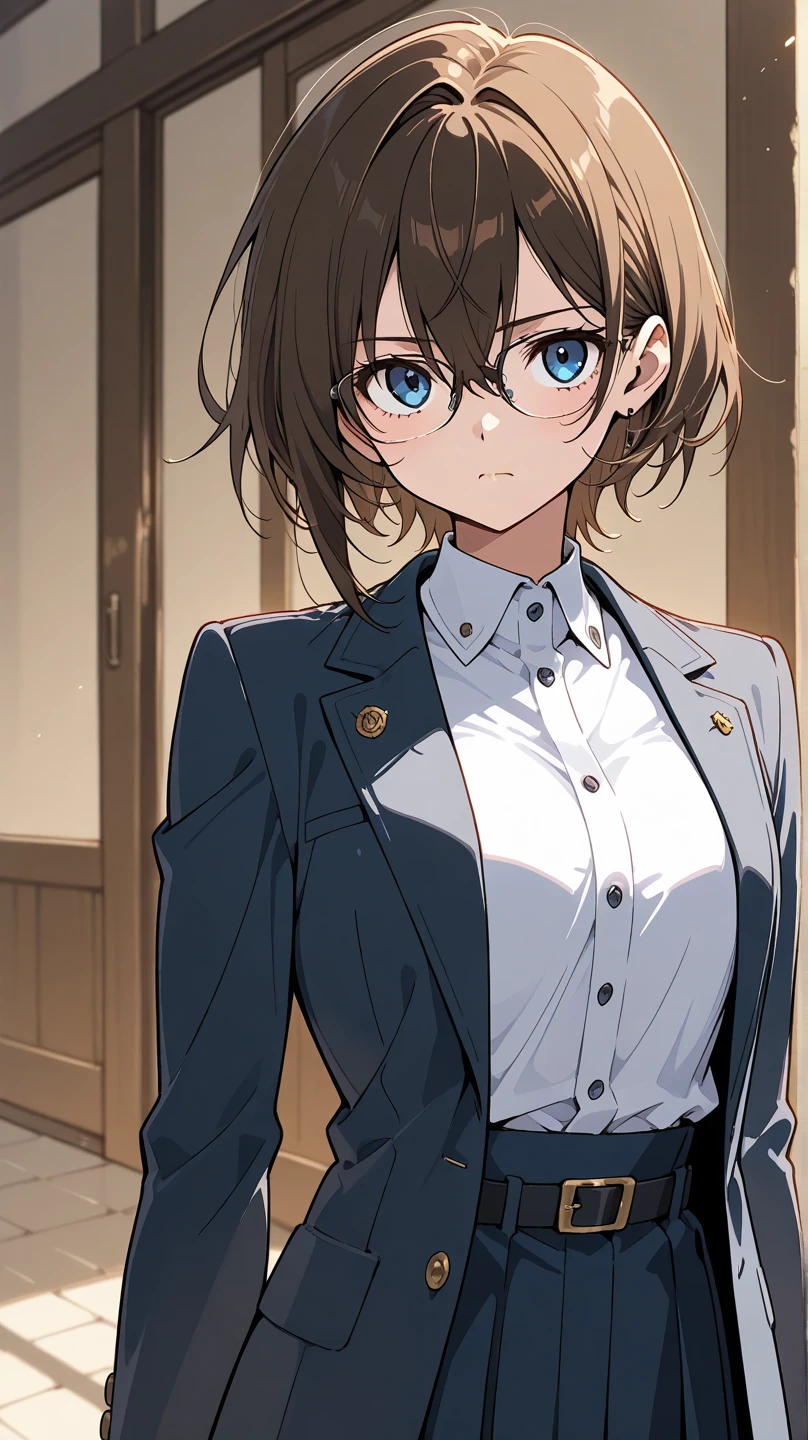 masterpiece，best quality，8k Illustration，Haibara Ai，Aoyama Gangsho style，Flowing hair，Smooth lines，best quality，The finest details，Brown hair blue eyes girl，Actress，Medium shot，The best background，Best quality，The brightest smile，Ultra Detailed，Best Illustration，The best shadow，Solitary，Uniforms, Black jacket，Light pink shirt inside, (jk brown skirt:1.2), Black knee socks, Looking at the audience, Put your hands behind your back，Small ，The best costumes，Best starry night，The most beautiful proportion，The best wavy short hair，The most realistic human body structure