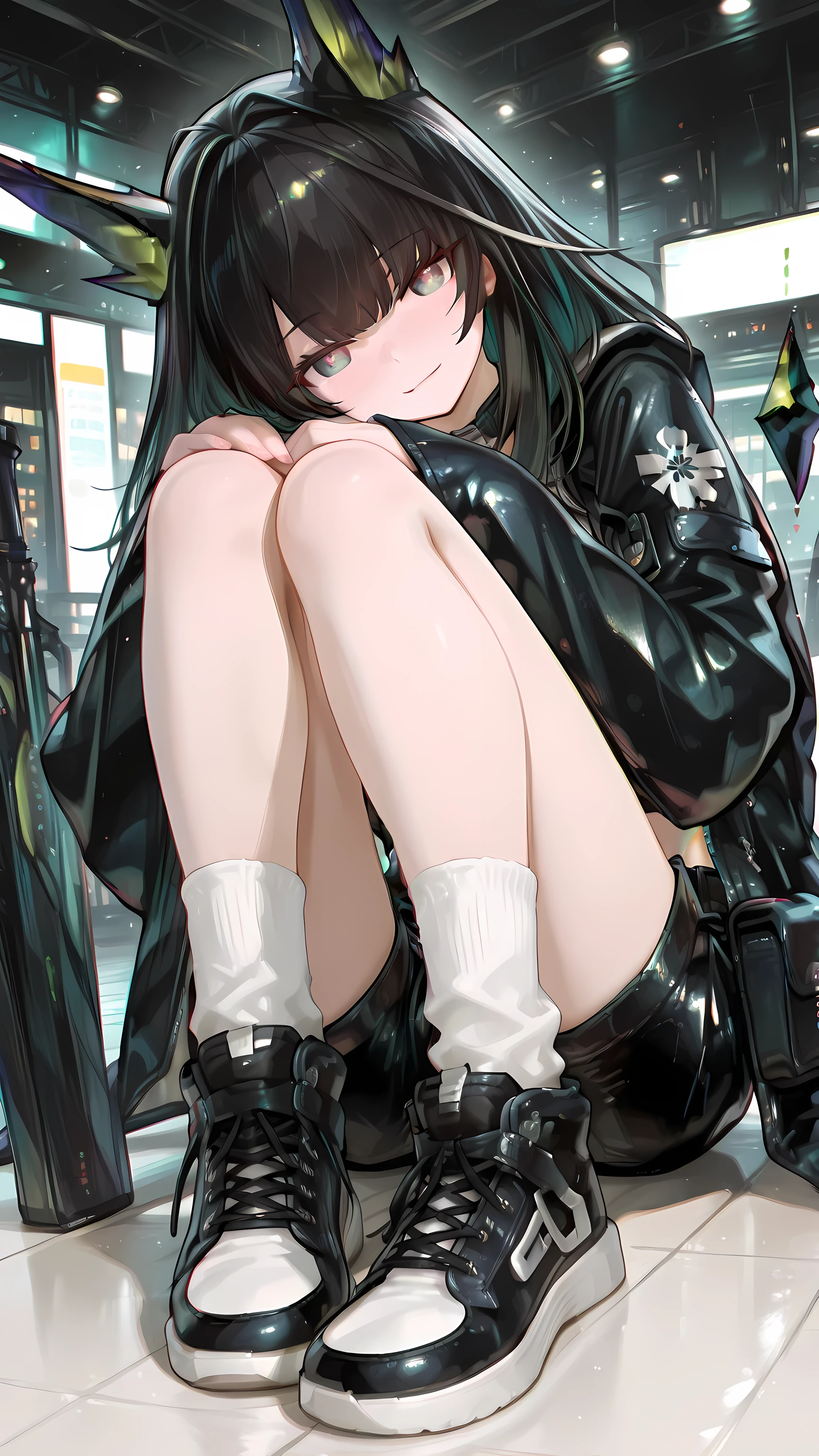 (masterpiece, detailed:1.2),748cmstyle,mon3tr \(personification\) \(arknights\), blushing. Wearing crop top, baggy leather jacket, short pants, white socks, sneaker shoes. walkingi n the mall, warm smile, looking at viewer, afternoon, long shoot, cinematic light, god-ray effect, eyes focus, detailed eyes, chromatic effect, chromatic ambient 2.5, chromatic vignette 2.5, chromatic aberration 2.5, high res, best quality, by Pixiv, arts station, official arknights style.