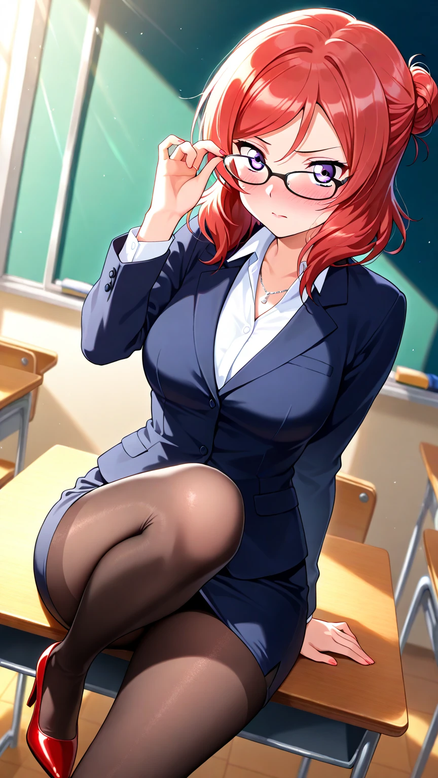 (high quality, 8k, 4K, high contrast, artwork:1.2, high quality, best aesthetics), (dynamic angle), ((1 woman)), (mature, and sensual body), (super detailed, detailed face, detailed eyes, detailed mouth, shape, wide thighs), (Caucasian white skin), (long, wavy red hair with small bangs), (light green eyes), ( and passionate facial expression), (standing and centered while looking directly at the viewer), (white dress shirt, black tie, short black skirt and long white socks with two black stripes at the tip of each sock), (empty classroom in the background with messy desks and a green blackboard with things written in chalk)