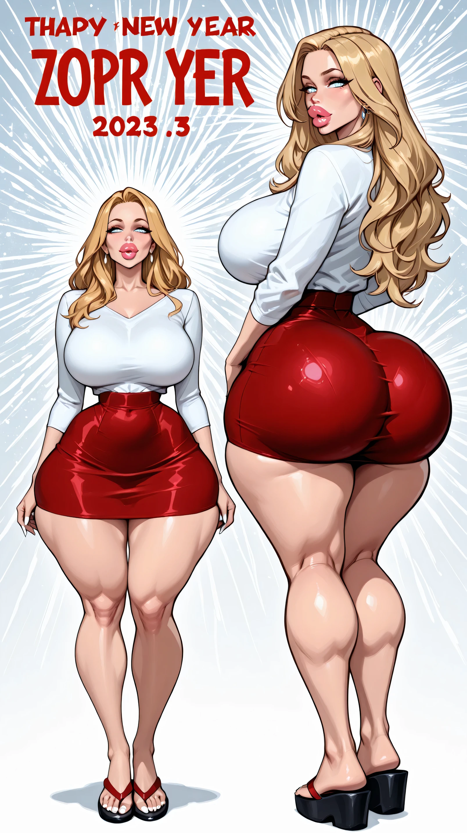[Character sheet, milification, Women, light blue eyes, bimbo lips ((FULL LIPS, puffy lips, big lips, thick lips)), golden blonde hair, The expression would be, copos, Milf ( mature mother), massive breasts, white shirt, skirt below the knees, long thighs, thick thighs, tight clothing, New Year's Eve, long hair, huge thigh, caderas enormes, huge ass, thin waist, Mature face, Sharp eyes , sharp lines , New Year's Eve, flip flops with black platform, Focus on the butt, that perfect butt, white nails, in front.