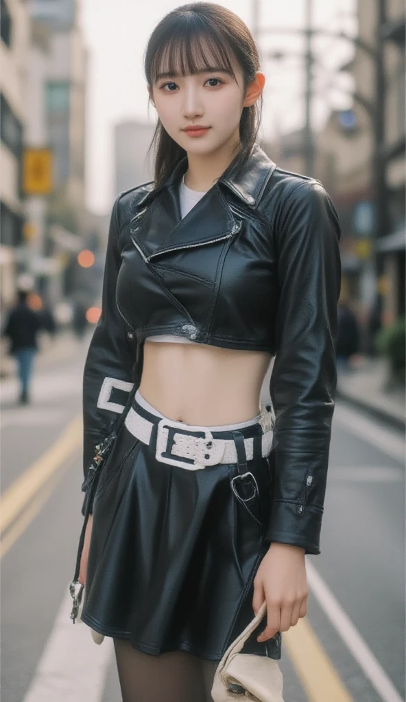 Japanese girl wearing a black leather jacket, black short skirt, wearing sandals, has six pack abs, long black hair, 8k style , beautiful