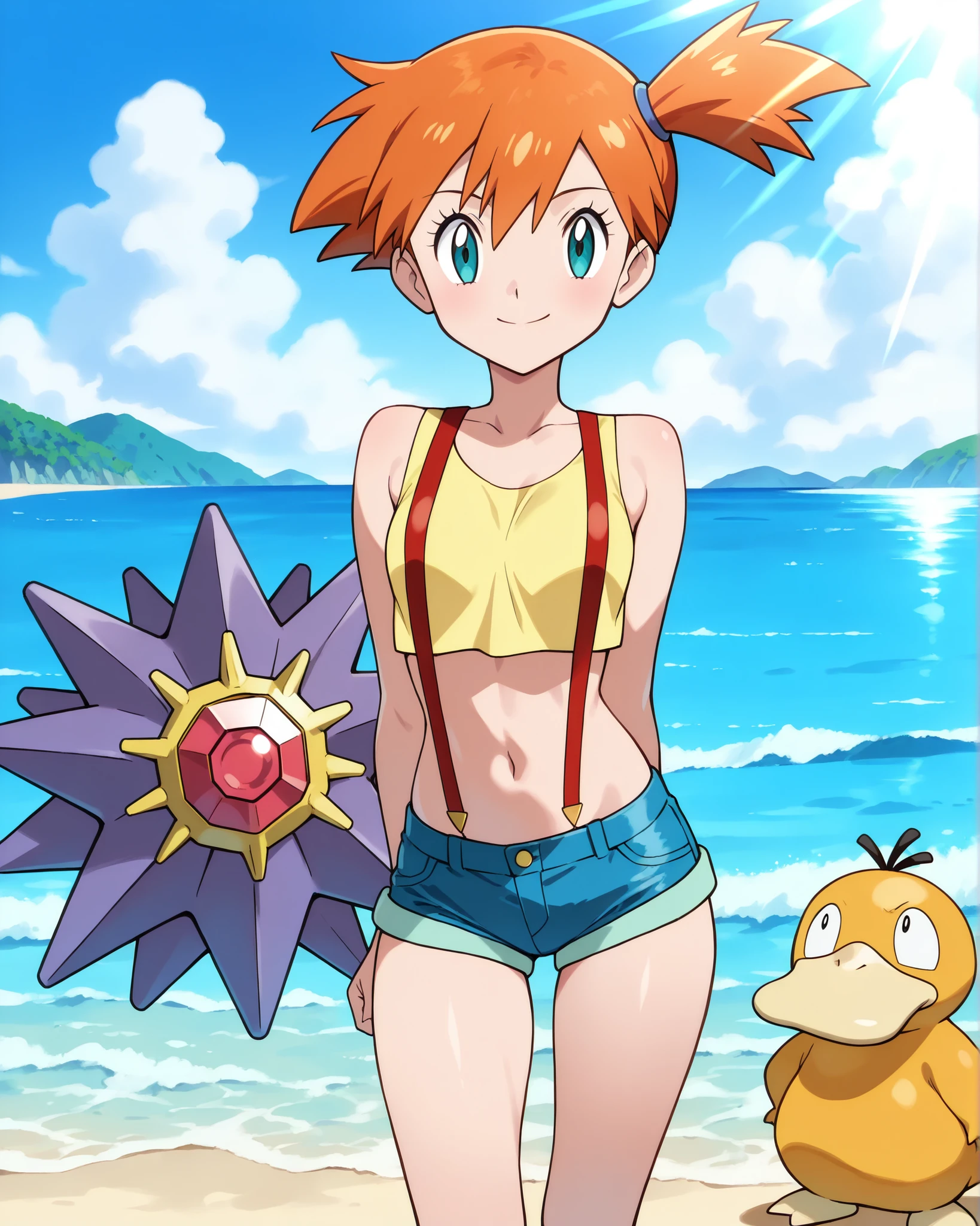 (masterpiece, best quality, Ultra high definition, 4k, 8K), anime style/vibrant cartoon faithful to the official design of Pokémon.
Misty, Pokémon Trainer , young and athletic girl with orange hair tied in a side ponytail, big sky blue eyes, cheerful and energetic face.
slender and toned body, youthful and athletic silhouette, Long and firm legs, Harmonious proportions.
Official classic clothing: sleeveless yellow crop top, short blue denim shorts with red straps, golden dust floating in rays of light.
Pose dinámica de Pokémon Trainer : one hand on the waist and the other extended showing a Pokéball, firm posture with slightly separated legs, transmitting energy, confidence and determination. smiling and competitive expression. glamour, sexy

bottom: bright aquatic stage, gym in Ciudad Celeste with Beach and crystal clear water, details of waves and marine environment. optional: a Starmie or Psyduck in the background to give more Fidelity.
vibrant colors, líneas limpias, anime style/detailed cartoon faithful to the Pokémon anime, high quality finish.