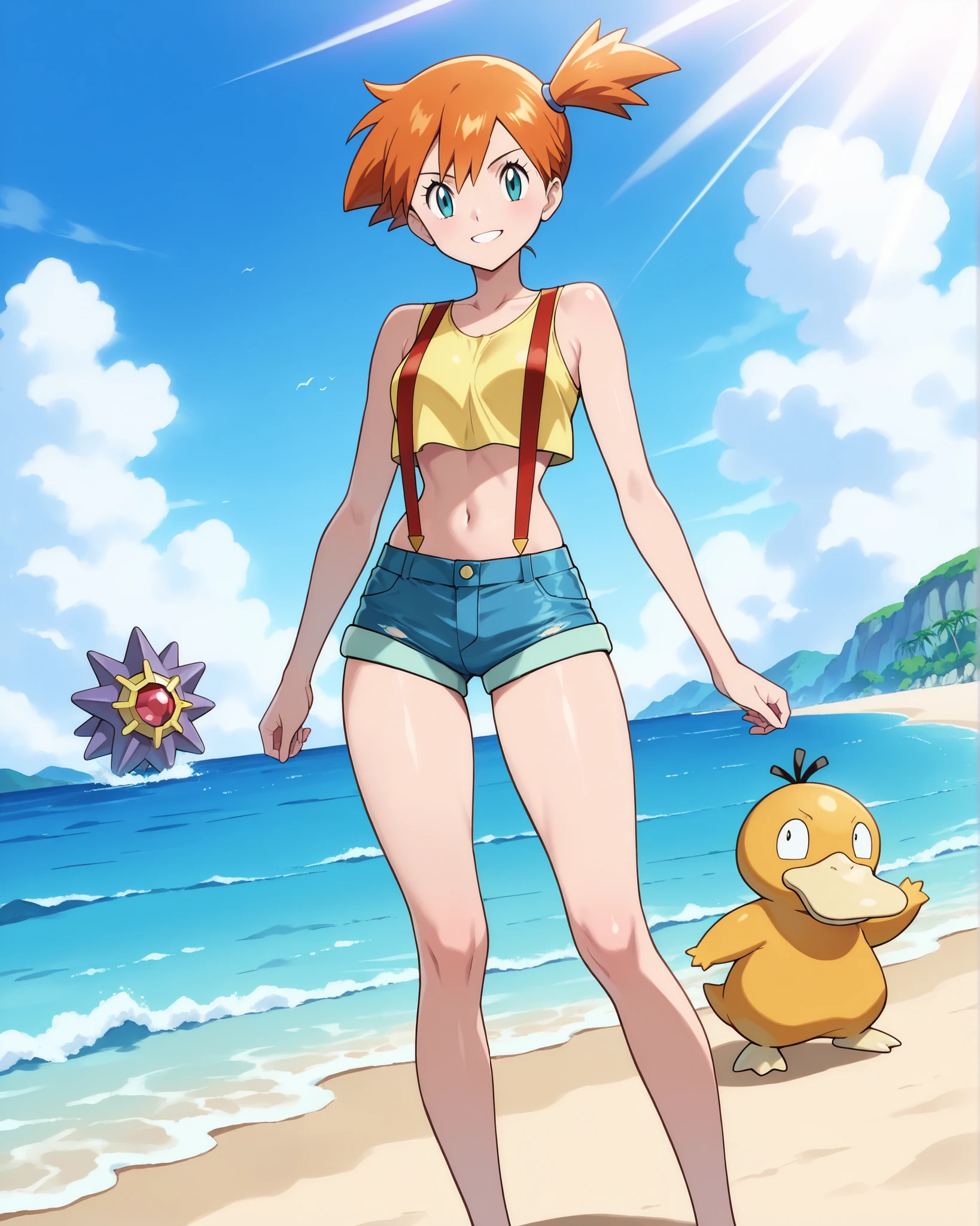 (masterpiece, best quality, Ultra high definition, 4k, 8K), anime style/vibrant cartoon faithful to the official design of Pokémon.
Misty, Pokémon Trainer , young and athletic girl with orange hair tied in a side ponytail, big sky blue eyes, cheerful and energetic face.
slender and toned body, youthful and athletic silhouette, Long and firm legs, Harmonious proportions.
Official classic clothing: sleeveless yellow crop top, short blue denim shorts with red straps, golden dust floating in rays of light.
Pose dinámica de Pokémon Trainer : one hand on the waist and the other extended showing a Pokéball, firm posture with slightly separated legs, transmitting energy, confidence and determination. smiling and competitive expression. glamour, sexy

bottom: bright aquatic stage, gym in Ciudad Celeste with Beach and crystal clear water, details of waves and marine environment. optional: a Starmie or Psyduck in the background to give more Fidelity.
vibrant colors, líneas limpias, anime style/detailed cartoon faithful to the Pokémon anime, high quality finish.