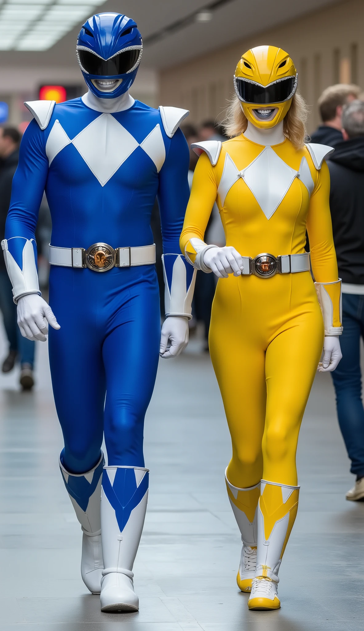 character: 1 man with mask full head wearing  blue power ranger body suit futuristic white accents,  and 1 woman with mask full head Wearing futuristic yellow power ranger body suit with white blue accents, white skin pale.

action: walk straight. Looking at the camera.

Expression : smiling.

 Background : In public spaces costume parties. They radiate happiness as they walking confidently in their  costumes. full body view.