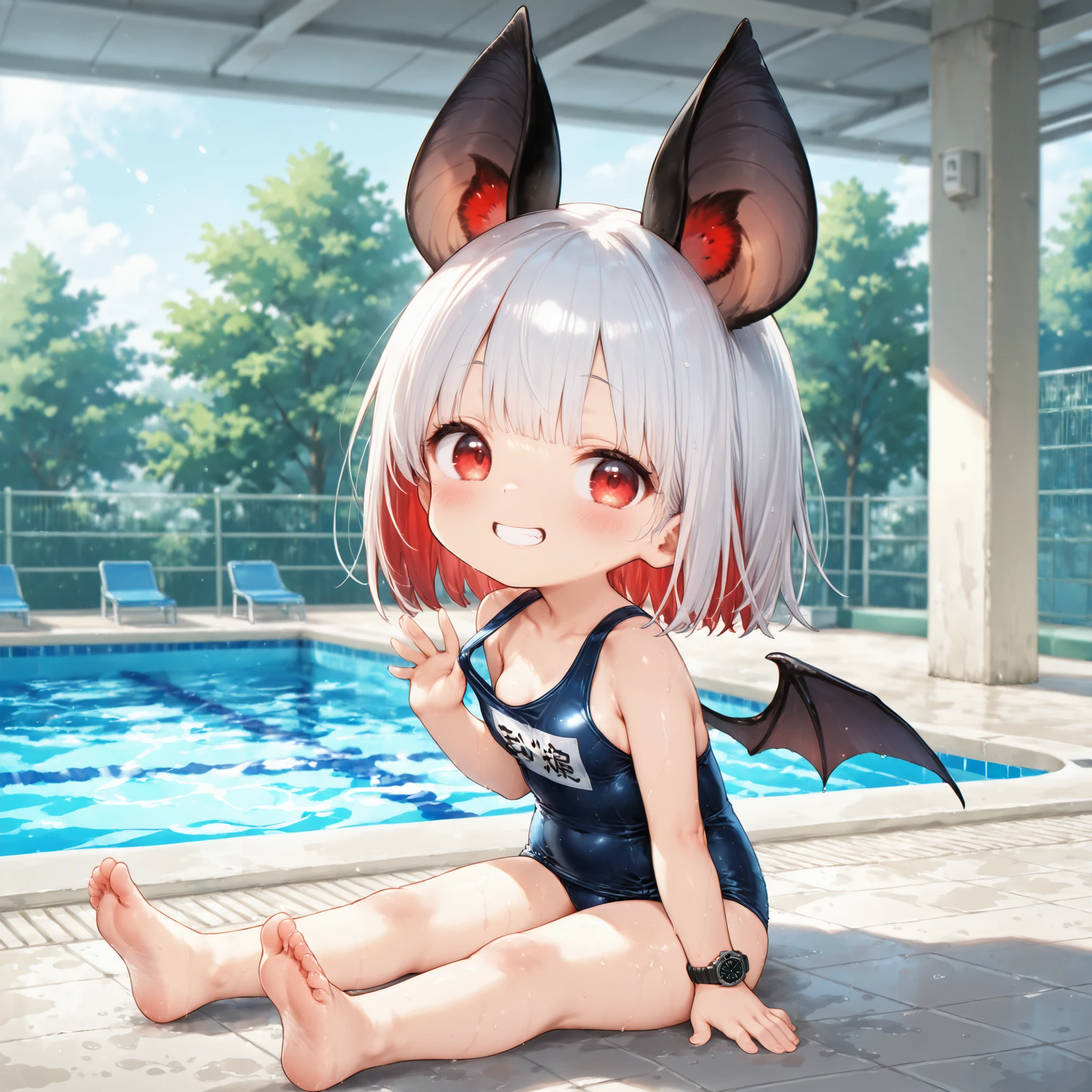 chibi,,mesugaki, full body、2.5 heads tall、 bat girl sitting by the pool、black bat ears、bat wings on her back、red eyes、Girl with white hair and red inner color、bob hair、young face、(grin)、watch people、Old School Swimsuit、Barefoot、(Pull the shoulder straps of the swimsuit with both hands)、(Upper body exposed)、(small breasts)、school pool、masterpiece、Highest Quality、Ultra Detailed 、anime style、CPER, clothes pull