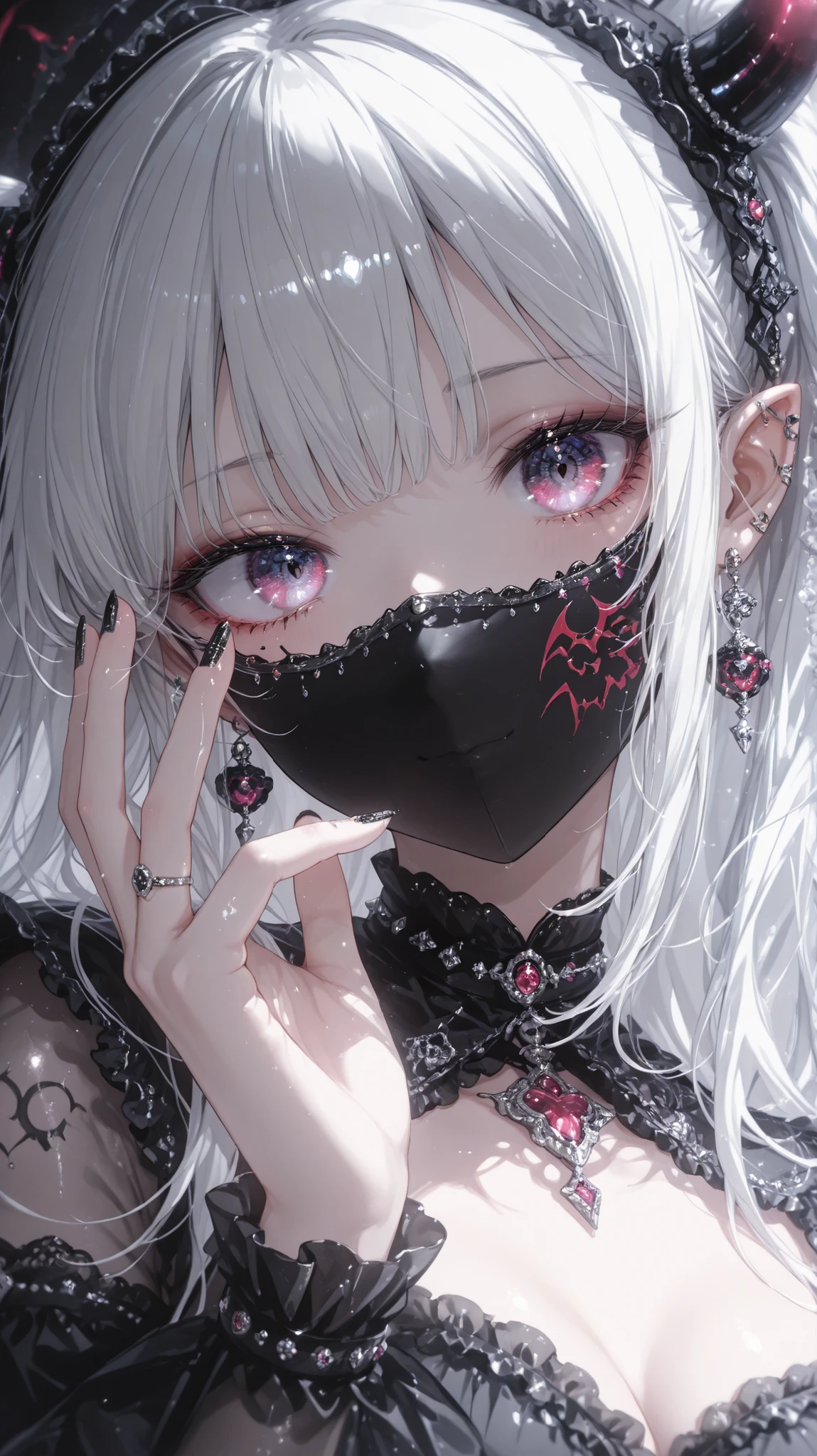 standing peacefully (perfil) : Move the black mask down while grasping it with your hands boca aberta presas de vampiro olhos bonitos close-up precise finger shape Pretty Base Black Nail Polish, pearl colored eyes