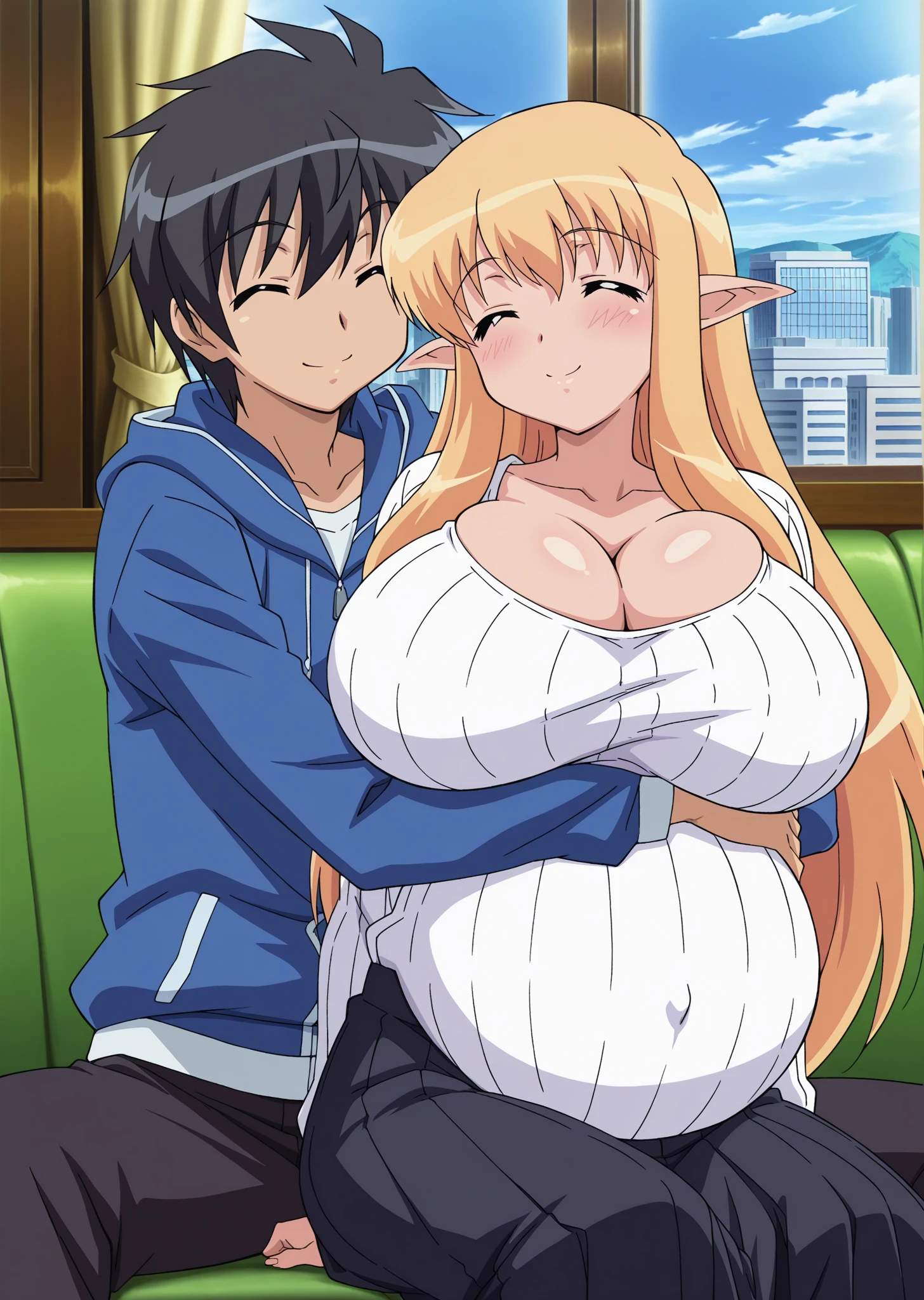 score_9, score_8_up, score_7_up, source_anime, anime coloring, anime screencap, 1 girl, alone, Tiffania Westwood (zero no tsukaima), elf, blonde hair, braid, single braid, braided ponytail, blue eyes, closed mouth, sweet smile, white beautiful skin, sitting on a bench, slim body, gigantic breasts, collarbone, blue dress, sundress, polka dot dress, long dress, 1 boy, black hair, he lays down on her lap, lap pillow, she holds his body, she holds sleeping boy around her arms, cradling, outdoors, sunny day, at the beach