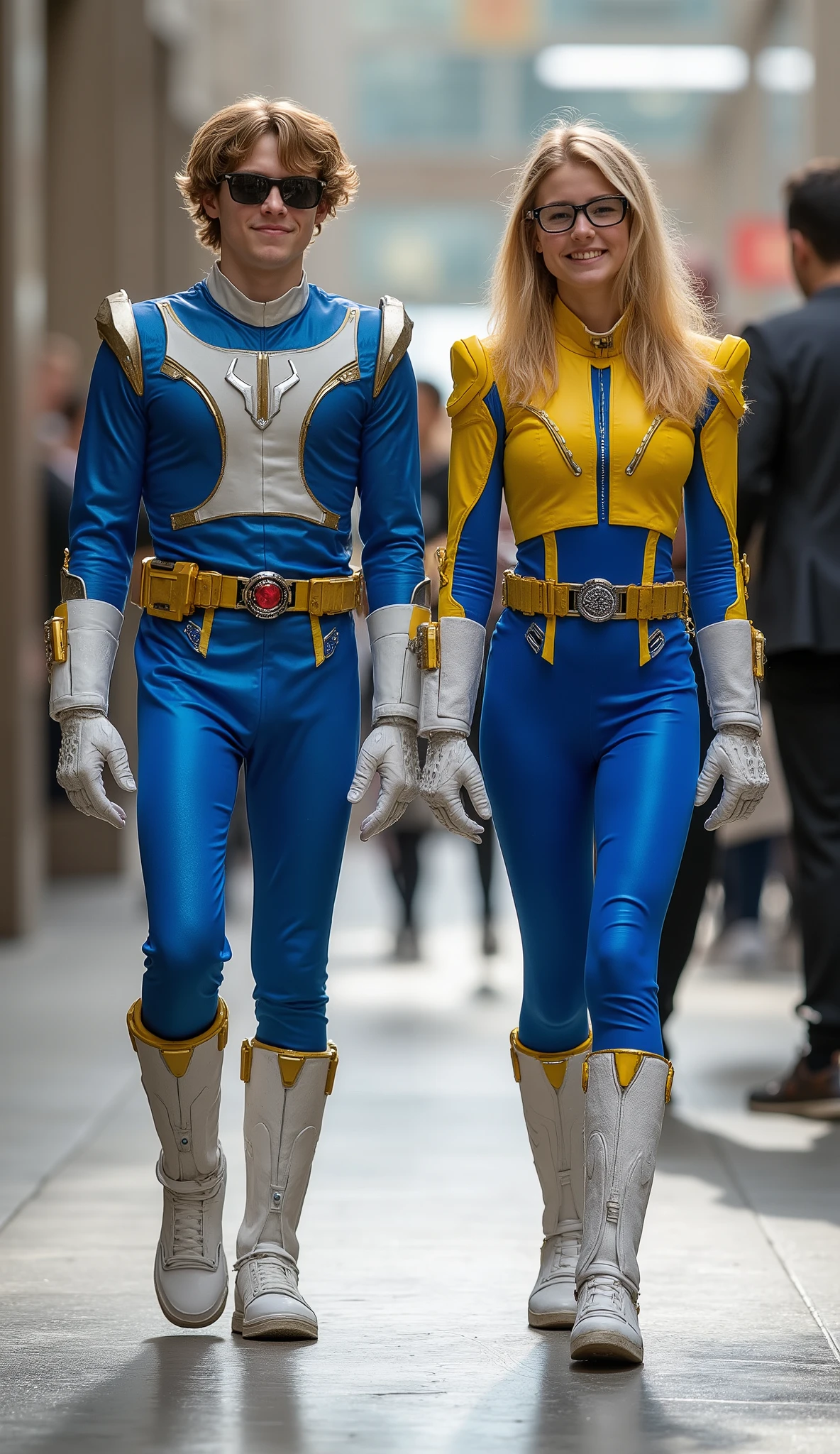 character: 1 teenager boy blonde hair Wearing sunglasses wearing  blue power ranger body suit futuristic white accents,  and 1 teenager girl blonde hair Wearing futuristic yellow power ranger body suit with white blue accents, white skin pale.

action: walk straight. Looking at the camera.

Expression : smiling.

 Background : In public spaces costume parties. They radiate happiness as they walking confidently in their  costumes. full body view.