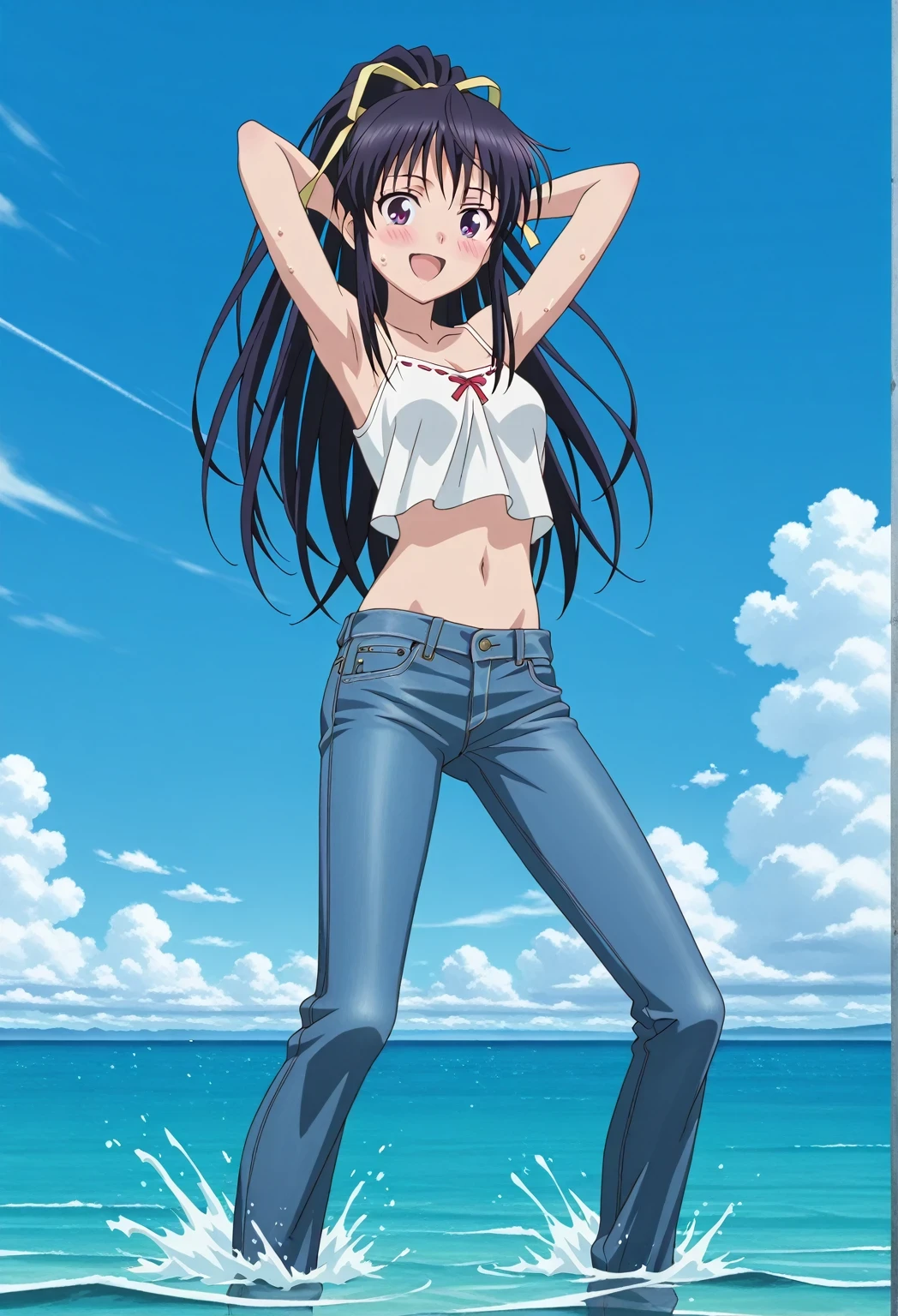 score_9, score_8_up, score_7_up, source_anime, highres, hi res, ((best quality, top quality, perfect quality, Highest Quality, amazing quality)), {{masterpiece}}, {{an extremely delicate and beautiful}}, 2d, intricate details, official style, anime, 8k, anime style, official_anime, official art, digital painting, cell shading, soft shading, high resolution, soothing tones, Subdued Color, Soft cinematic light, adobe lightroom, photolab, HDR, intricately and hyper-detailed, ((high quality animation)), 1 girl, Alone, solo, ((ocean)), tsunami, on the water, day, sunny, outdoors, sky, windy, kaori kanzaki, long hair, black hair, ribbon, very long hair, hair ribbon, ponytail, purple eyes, mature female, anime screencap, small breasts, white camisole top, crop top, white crop top, best quality, hyper-detailed jeans, ((blue jeans:1.9)), (dark blue jeans:0.6), full medium body, medium shot, Open mouth, smiling, happy face, blush, sweat, standing, ((arms behind head:6.0)), bowlegged, jumping pose, action, looking at viewer, spread legs, Bend knees slightly, straight-on front view