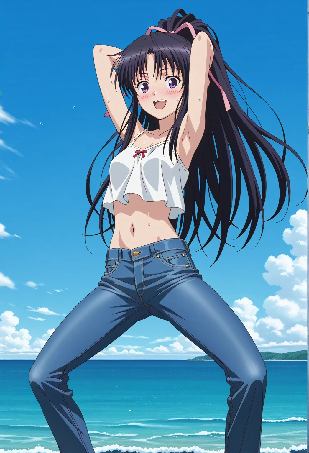score_9, score_8_up, score_7_up, source_anime, highres, hi res, ((best quality, top quality, perfect quality, Highest Quality, amazing quality)), {{masterpiece}}, {{an extremely delicate and beautiful}}, 2d, intricate details, official style, anime, 8k, anime style, official_anime, official art, digital painting, cell shading, soft shading, high resolution, soothing tones, Subdued Color, Soft cinematic light, adobe lightroom, photolab, HDR, intricately and hyper-detailed, ((high quality animation)), 1 girl, Alone, solo, ((ocean)), tsunami, on the water, day, sunny, outdoors, sky, windy, kaori kanzaki, long hair, black hair, ribbon, very long hair, hair ribbon, ponytail, purple eyes, mature female, anime screencap, small breasts, white camisole top, crop top, white crop top, best quality, hyper-detailed jeans, ((blue jeans:1.9)), (dark blue jeans:0.6), full medium body, medium shot, Open mouth, smiling, happy face, blush, sweat, standing, ((arms behind head:6.0)), bowlegged, jumping pose, action, looking at viewer, spread legs, Bend knees slightly, straight-on front view