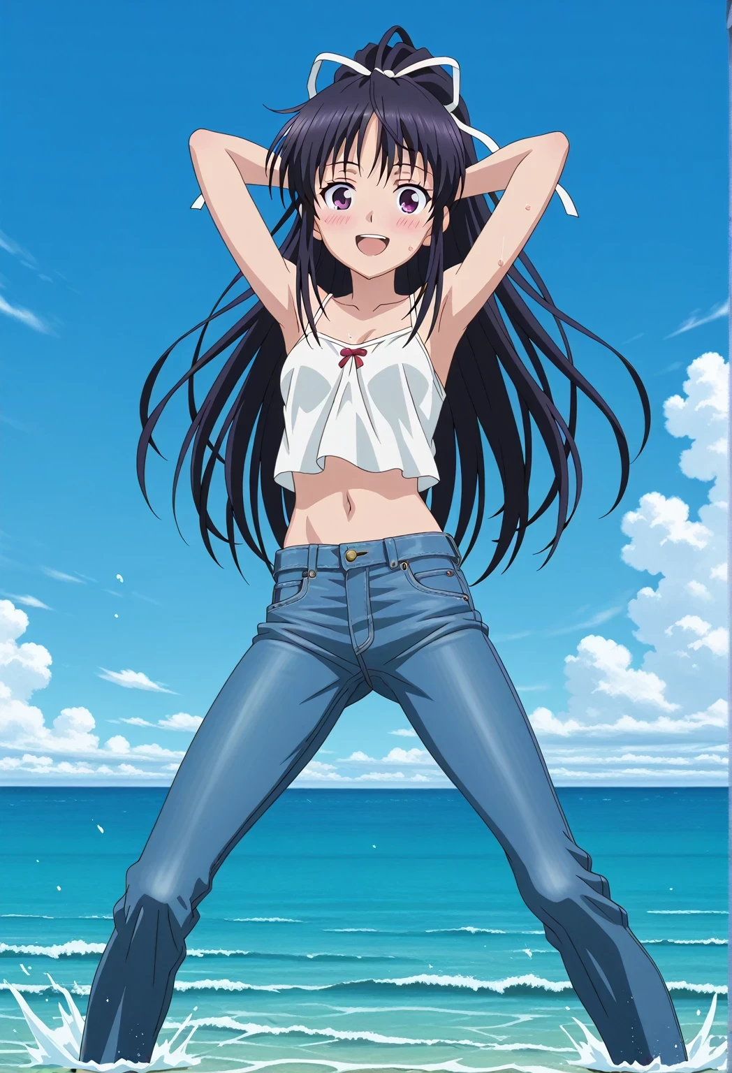 score_9, score_8_up, score_7_up, source_anime, highres, hi res, ((best quality, top quality, perfect quality, Highest Quality, amazing quality)), {{masterpiece}}, {{an extremely delicate and beautiful}}, 2d, intricate details, official style, anime, 8k, anime style, official_anime, official art, digital painting, cell shading, soft shading, high resolution, soothing tones, Subdued Color, Soft cinematic light, adobe lightroom, photolab, HDR, intricately and hyper-detailed, ((high quality animation)), 1 girl, Alone, solo, ((ocean)), tsunami, on the water, day, sunny, outdoors, sky, windy, kaori kanzaki, long hair, black hair, ribbon, white ribbon, very long hair, hair ribbon, ponytail, purple eyes, mature female, anime screencap, small breasts, white camisole top, crop top, white crop top, best quality, hyper-detailed jeans, ((blue jeans:1.9)), (dark blue jeans:0.6), full medium body, medium shot, Open mouth, smiling, happy face, blush, sweat, standing, ((arms behind head:6.0)), bowlegged, jumping pose, action, looking at viewer, spread legs, Bend knees slightly, straight-on front view