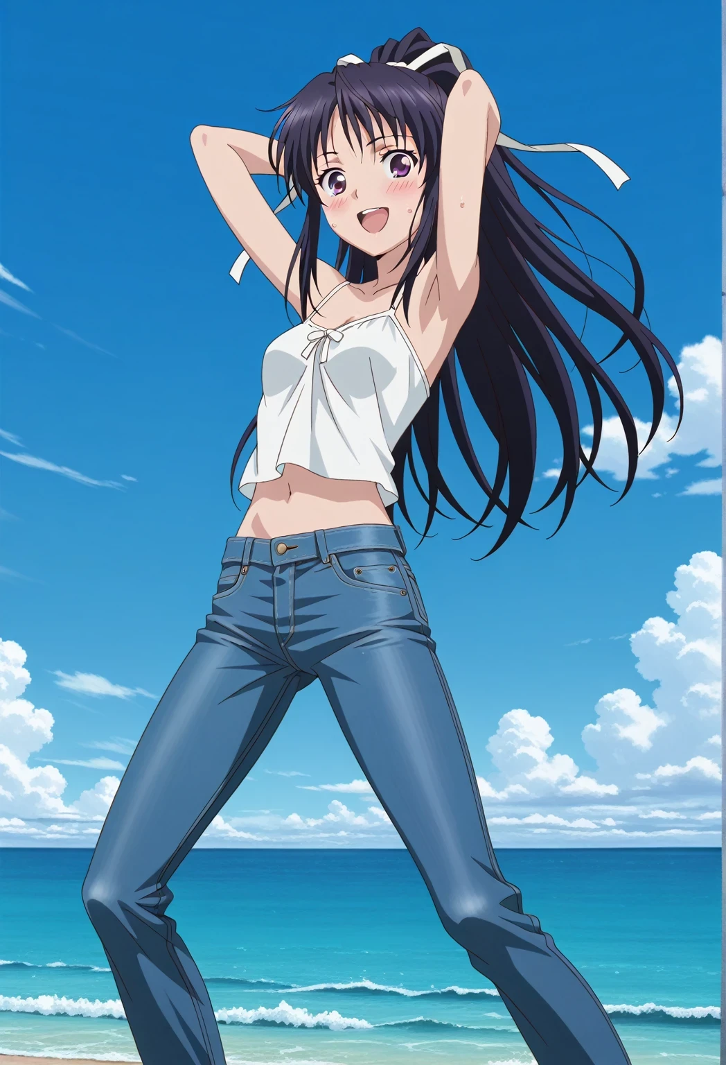 score_9, score_8_up, score_7_up, source_anime, highres, hi res, ((best quality, top quality, perfect quality, Highest Quality, amazing quality)), {{masterpiece}}, {{an extremely delicate and beautiful}}, 2d, intricate details, official style, anime, 8k, anime style, official_anime, official art, digital painting, cell shading, soft shading, high resolution, soothing tones, Subdued Color, Soft cinematic light, adobe lightroom, photolab, HDR, intricately and hyper-detailed, ((high quality animation)), 1 girl, Alone, solo, ((ocean)), tsunami, on the water, day, sunny, outdoors, sky, windy, kaori kanzaki, long hair, black hair, ribbon, white ribbon, very long hair, hair ribbon, ponytail, purple eyes, mature female, anime screencap, small breasts, white camisole top, crop top, white crop top, best quality, hyper-detailed jeans, ((blue jeans:1.9)), (dark blue jeans:0.6), full medium body, medium shot, Open mouth, smiling, happy face, blush, sweat, standing, ((arms behind head:6.0)), bowlegged, jumping pose, action, looking at viewer, spread legs, Bend knees slightly, straight-on front view