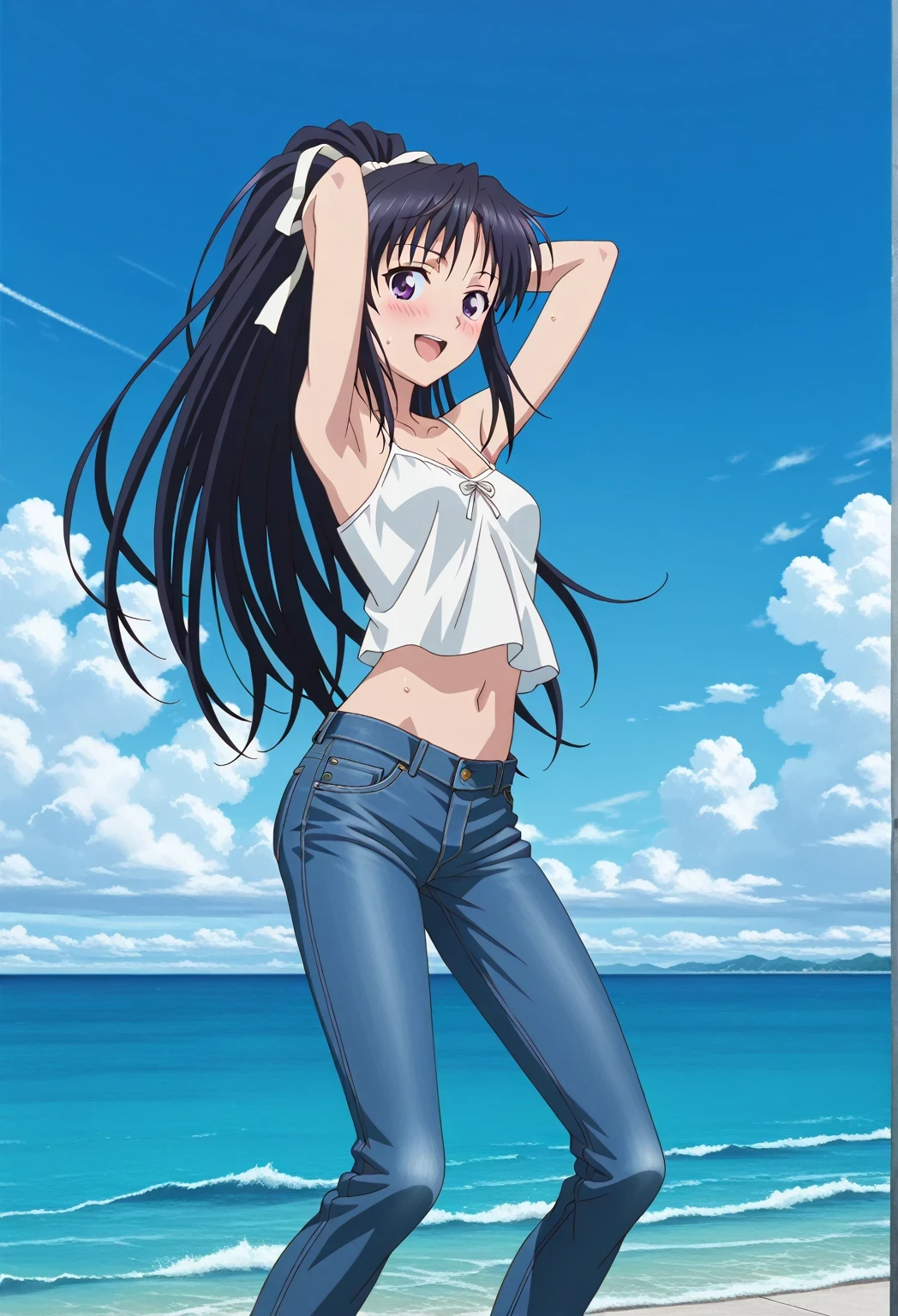 score_9, score_8_up, score_7_up, source_anime, highres, hi res, ((best quality, top quality, perfect quality, Highest Quality, amazing quality)), {{masterpiece}}, {{an extremely delicate and beautiful}}, 2d, intricate details, official style, anime, 8k, anime style, official_anime, official art, digital painting, cell shading, soft shading, high resolution, soothing tones, Subdued Color, Soft cinematic light, adobe lightroom, photolab, HDR, intricately and hyper-detailed, ((high quality animation)), 1 girl, Alone, solo, ((ocean)), tsunami, on the water, day, sunny, outdoors, sky, windy, kaori kanzaki, long hair, black hair, ribbon, white ribbon, very long hair, hair ribbon, ponytail, purple eyes, mature female, anime screencap, small breasts, white camisole top, crop top, white crop top, best quality, hyper-detailed jeans, ((blue jeans:1.9)), (dark blue jeans:0.6), full medium body, medium shot, Open mouth, smiling, happy face, blush, sweat, standing, ((arms behind head:6.0)), bowlegged, jumping pose, action, looking at viewer, spread legs, Bend knees slightly, straight-on front view