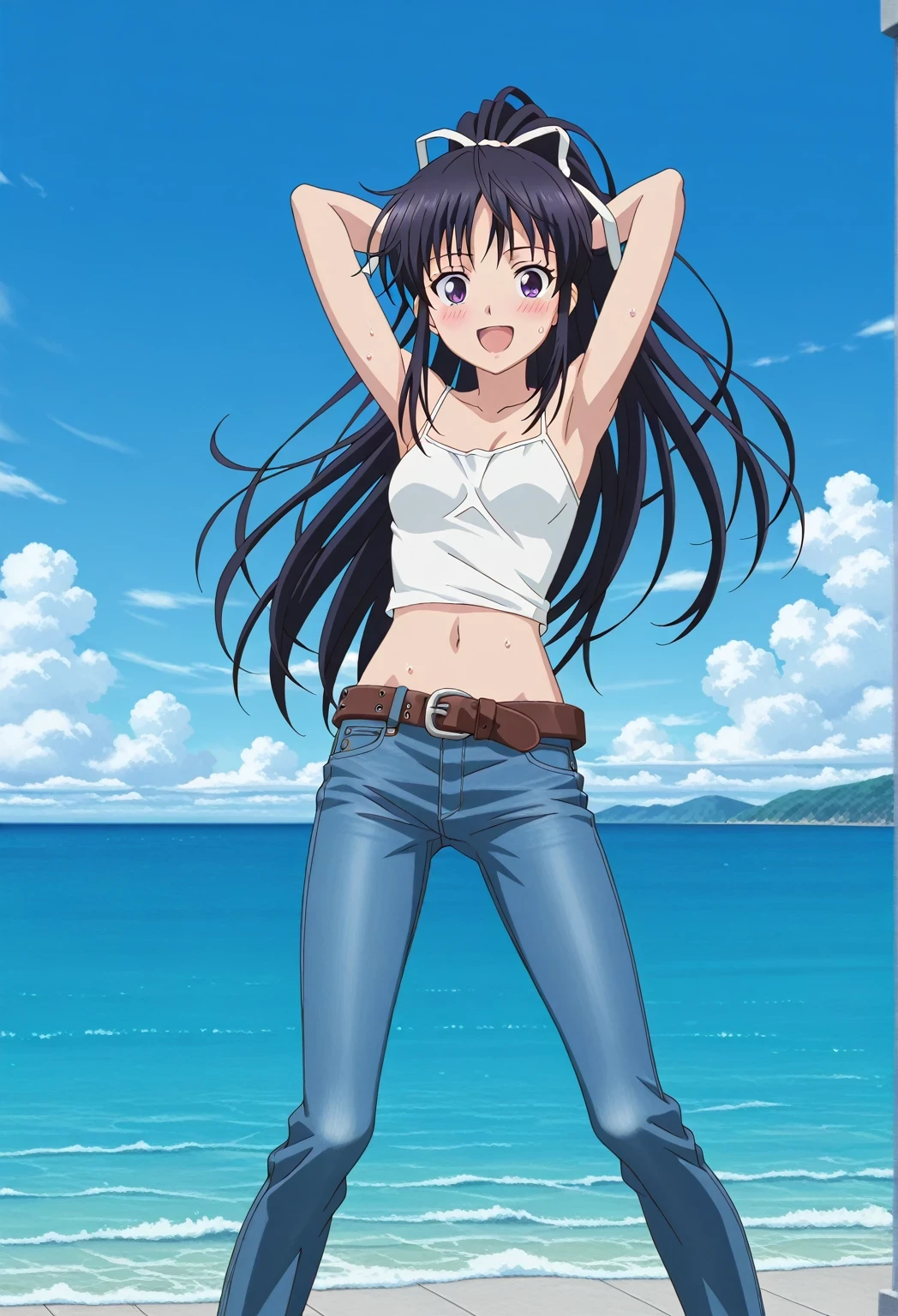 score_9, score_8_up, score_7_up, source_anime, highres, hi res, ((best quality, top quality, perfect quality, Highest Quality, amazing quality)), {{masterpiece}}, {{an extremely delicate and beautiful}}, 2d, intricate details, official style, anime, 8k, anime style, official_anime, official art, digital painting, cell shading, soft shading, high resolution, soothing tones, Subdued Color, Soft cinematic light, adobe lightroom, photolab, HDR, intricately and hyper-detailed, ((high quality animation)), 1 girl, Alone, solo, ((ocean)), tsunami, on the water, day, sunny, outdoors, sky, windy, kaori kanzaki, long hair, black hair, ribbon, white ribbon, very long hair, hair ribbon, ponytail, purple eyes, mature female, anime screencap, small breasts, white camisole top, crop top, white crop top, best quality, hyper-detailed jeans, belt, brown belt, ((blue jeans:1.9)), (dark blue jeans:0.6), full medium body, medium shot, Open mouth, smiling, happy face, blush, sweat, standing, ((arms behind head:6.0)), bowlegged, jumping pose, action, looking at viewer, spread legs, Bend knees slightly, straight-on front view