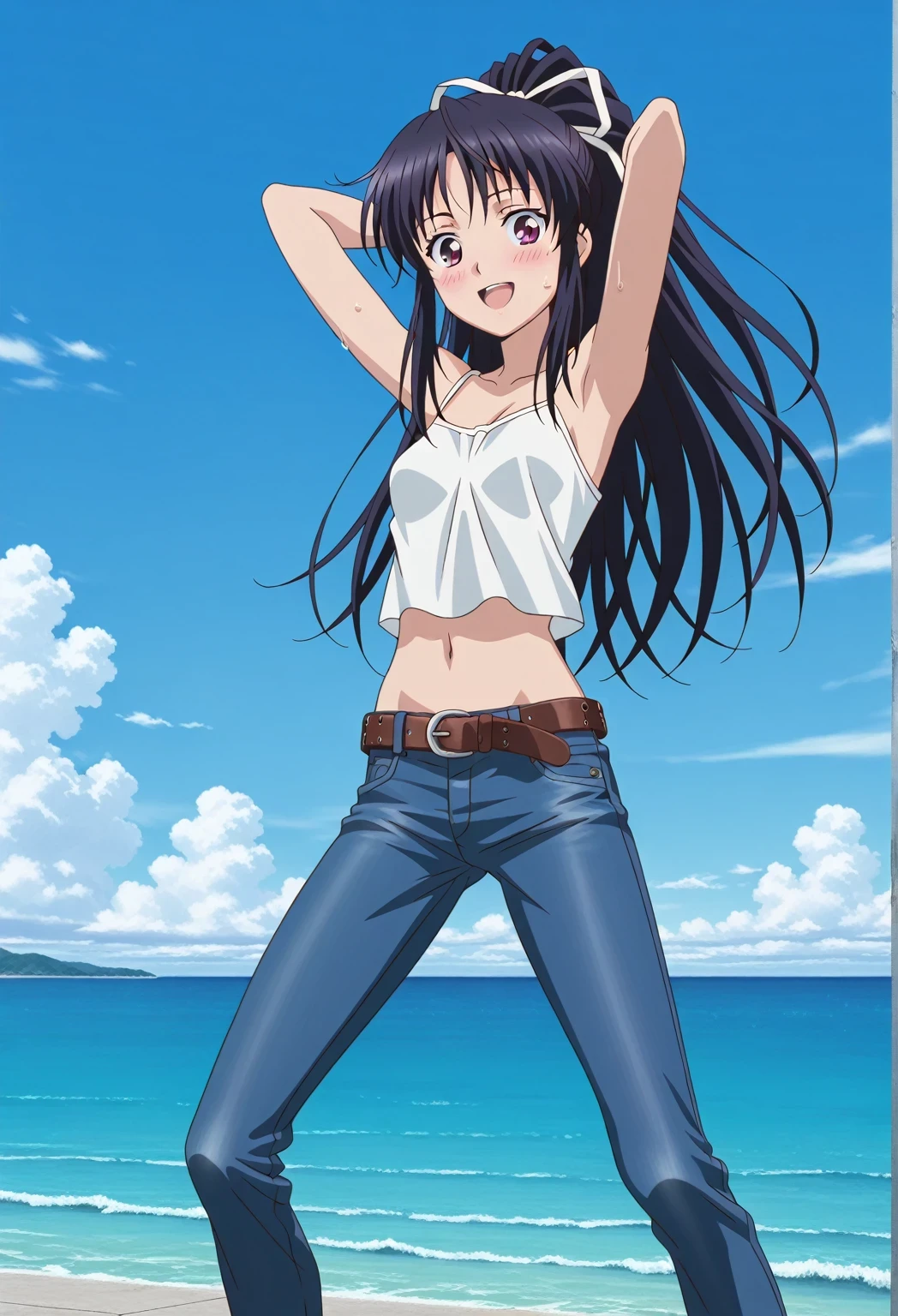 score_9, score_8_up, score_7_up, source_anime, highres, hi res, ((best quality, top quality, perfect quality, Highest Quality, amazing quality)), {{masterpiece}}, {{an extremely delicate and beautiful}}, 2d, intricate details, official style, anime, 8k, anime style, official_anime, official art, digital painting, cell shading, soft shading, high resolution, soothing tones, Subdued Color, Soft cinematic light, adobe lightroom, photolab, HDR, intricately and hyper-detailed, ((high quality animation)), 1 girl, Alone, solo, ((ocean)), tsunami, on the water, day, sunny, outdoors, sky, windy, kaori kanzaki, long hair, black hair, ribbon, white ribbon, very long hair, hair ribbon, ponytail, purple eyes, mature female, anime screencap, small breasts, white camisole top, crop top, white crop top, best quality, hyper-detailed jeans, belt, brown belt, ((blue jeans:1.9)), (dark blue jeans:0.6), full medium body, medium shot, Open mouth, smiling, happy face, blush, sweat, standing, ((arms behind head:6.0)), bowlegged, jumping pose, action, looking at viewer, spread legs, Bend knees slightly, straight-on front view