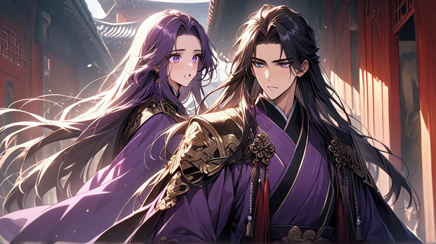 cheerful boy with open forehead. dark purple hair braided in a ponytail on the left side to one side. sinuous black horns wrapped in dark purple ribbon. pale violet eyes. in short dark purple shorts. long white T-shirt. dark purple knee-high socks. a white long robe with a hood flutters in the wind. black ancient stone walls of the castle purple light from lamps with gold ornaments, heterochromia, long curly hair, pale skin, I look at the viewer, closed mouth, bright smile, Beautiful, extremely detailed eye, Absolutely amazing art, extremely detailed, Digital art of the highest quality, full length, old pionino