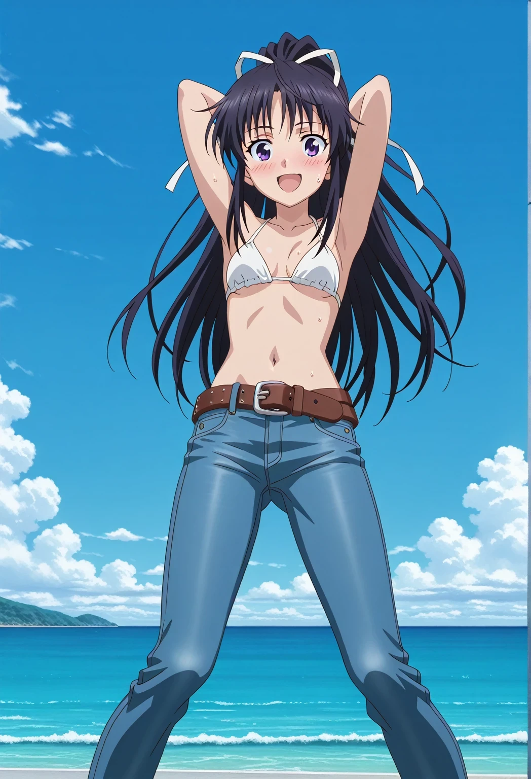 score_9, score_8_up, score_7_up, source_anime, highres, hi res, ((best quality, top quality, perfect quality, Highest Quality, amazing quality)), {{masterpiece}}, {{an extremely delicate and beautiful}}, 2d, intricate details, official style, anime, 8k, anime style, official_anime, official art, digital painting, cell shading, soft shading, high resolution, soothing tones, Subdued Color, Soft cinematic light, adobe lightroom, photolab, HDR, intricately and hyper-detailed, ((high quality animation)), 1 girl, Alone, solo, ((ocean)), tsunami, on the water, day, sunny, outdoors, sky, windy, kaori kanzaki, long hair, black hair, ribbon, white ribbon, very long hair, hair ribbon, ponytail, purple eyes, mature female, anime screencap, small breasts, white bikini top, best quality, hyper-detailed jeans, belt, brown belt, ((blue jeans:1.9)), (dark blue jeans:0.6), full medium body, medium shot, Open mouth, smiling, happy face, blush, sweat, standing, ((arms behind head:6.0)), bowlegged, jumping pose, action, looking at viewer, spread legs, Bend knees slightly, straight-on front view