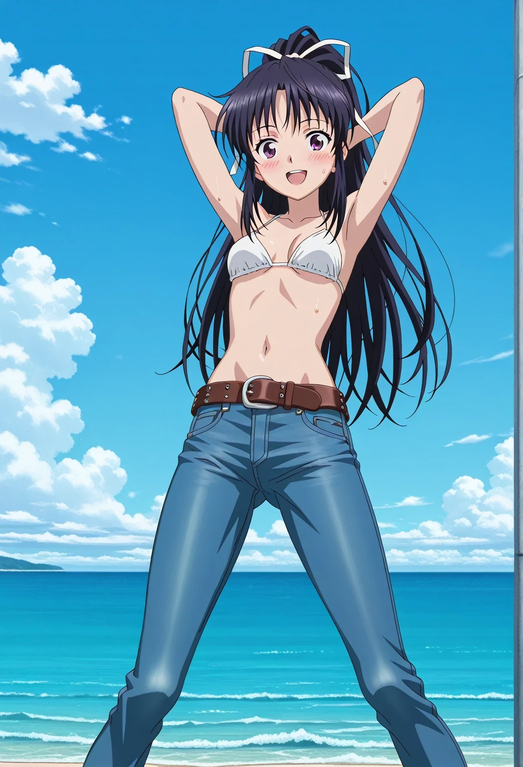 score_9, score_8_up, score_7_up, source_anime, highres, hi res, ((best quality, top quality, perfect quality, Highest Quality, amazing quality)), {{masterpiece}}, {{an extremely delicate and beautiful}}, 2d, intricate details, official style, anime, 8k, anime style, official_anime, official art, digital painting, cell shading, soft shading, high resolution, soothing tones, Subdued Color, Soft cinematic light, adobe lightroom, photolab, HDR, intricately and hyper-detailed, ((high quality animation)), 1 girl, Alone, solo, ((ocean)), tsunami, on the water, day, sunny, outdoors, sky, windy, kaori kanzaki, long hair, black hair, ribbon, white ribbon, very long hair, hair ribbon, ponytail, purple eyes, mature female, anime screencap, small breasts, white bikini top, best quality, hyper-detailed jeans, belt, brown belt, ((blue jeans:1.9)), (dark blue jeans:0.6), full medium body, medium shot, Open mouth, smiling, happy face, blush, sweat, standing, ((arms behind head:6.0)), bowlegged, jumping pose, action, looking at viewer, spread legs, Bend knees slightly, straight-on front view