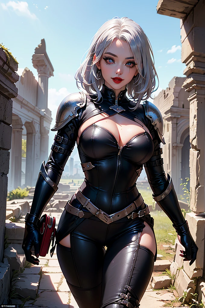 gwen tennyson,tracer,y'shtola rhul,yorha 2b,nier automata,overwatch,close up, mecha pilot,mountain road,tattoos, white and silver plugsuit,white short sleeve lycra top,white goth  ruffle skirt,garter belt,uncovered belly,short hair,cute makeup,green eyes,dimensional silver hair,shy smile, freckles,beautiful girl,large breasts,4k hd,ultra detailed,realistic,fantasy art, valkyrie armor,steel armor,medieval castle,medieval garb,victorian dress,ear piercings,hair pin,thigh high boots,