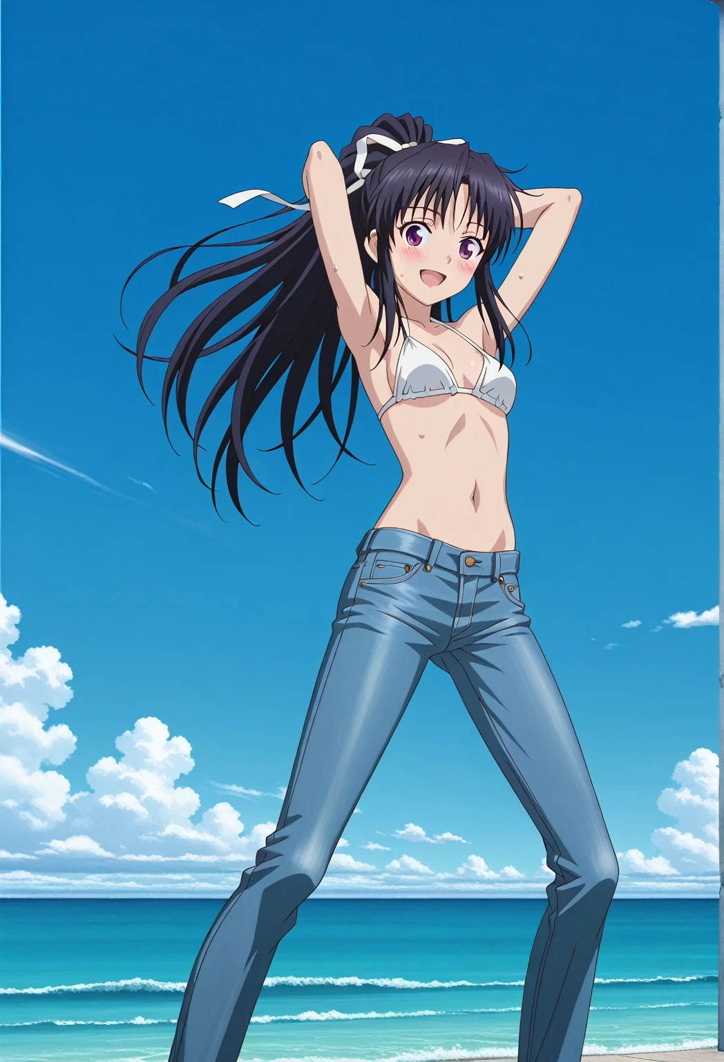 score_9, score_8_up, score_7_up, source_anime, highres, hi res, ((best quality, top quality, perfect quality, Highest Quality, amazing quality)), {{masterpiece}}, {{an extremely delicate and beautiful}}, 2d, intricate details, official style, anime, 8k, anime style, official_anime, official art, digital painting, cell shading, soft shading, high resolution, soothing tones, Subdued Color, Soft cinematic light, adobe lightroom, photolab, HDR, intricately and hyper-detailed, ((high quality animation)), 1 girl, Alone, solo, ((ocean)), tsunami, on the water, day, sunny, outdoors, sky, windy, kaori kanzaki, long hair, black hair, ribbon, white ribbon, very long hair, hair ribbon, ponytail, purple eyes, mature female, anime screencap, small breasts, white bikini top, best quality, hyper-detailed jeans, ((blue jeans:1.9)), (dark blue jeans:0.6), full medium body, medium shot, Open mouth, smiling, happy face, blush, sweat, standing, ((arms behind head:6.0)), bowlegged, jumping pose, action, looking at viewer, spread legs, Bend knees slightly, straight-on front view