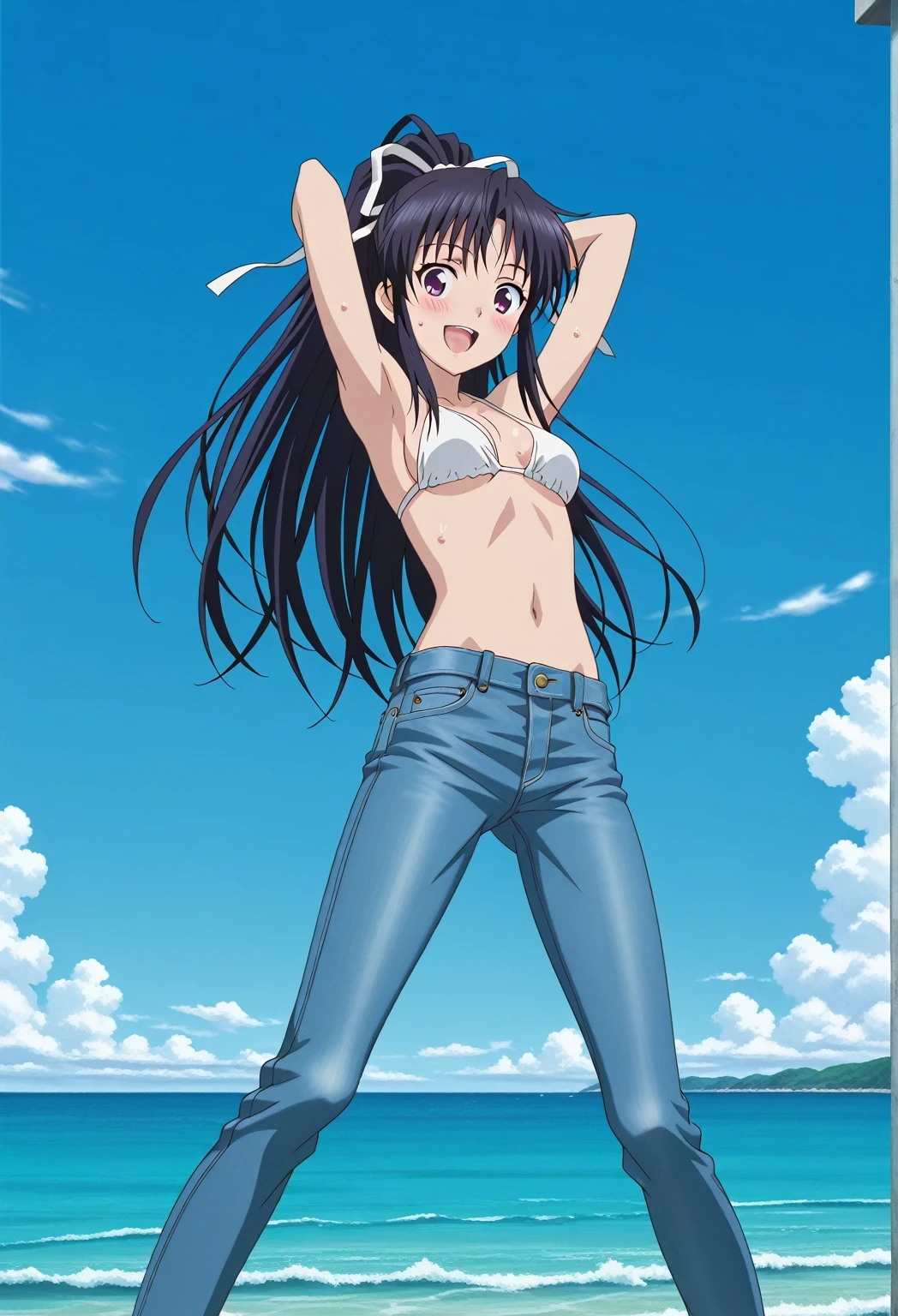 score_9, score_8_up, score_7_up, source_anime, highres, hi res, ((best quality, top quality, perfect quality, Highest Quality, amazing quality)), {{masterpiece}}, {{an extremely delicate and beautiful}}, 2d, intricate details, official style, anime, 8k, anime style, official_anime, official art, digital painting, cell shading, soft shading, high resolution, soothing tones, Subdued Color, Soft cinematic light, adobe lightroom, photolab, HDR, intricately and hyper-detailed, ((high quality animation)), 1 girl, Alone, solo, ((ocean)), tsunami, on the water, day, sunny, outdoors, sky, windy, kaori kanzaki, long hair, black hair, ribbon, white ribbon, very long hair, hair ribbon, ponytail, purple eyes, mature female, anime screencap, small breasts, white bikini top, best quality, hyper-detailed jeans, ((blue jeans:1.9)), (dark blue jeans:0.6), full medium body, medium shot, Open mouth, smiling, happy face, blush, sweat, standing, ((arms behind head:6.0)), bowlegged, jumping pose, action, looking at viewer, spread legs, Bend knees slightly, straight-on front view