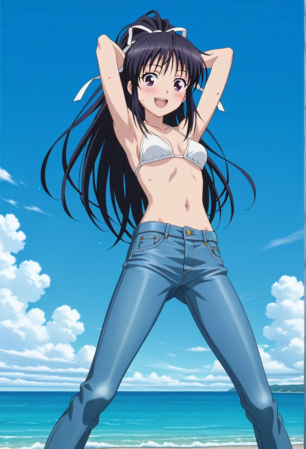 score_9, score_8_up, score_7_up, source_anime, highres, hi res, ((best quality, top quality, perfect quality, Highest Quality, amazing quality)), {{masterpiece}}, {{an extremely delicate and beautiful}}, 2d, intricate details, official style, anime, 8k, anime style, official_anime, official art, digital painting, cell shading, soft shading, high resolution, soothing tones, Subdued Color, Soft cinematic light, adobe lightroom, photolab, HDR, intricately and hyper-detailed, ((high quality animation)), 1 girl, Alone, solo, ((ocean)), tsunami, on the water, day, sunny, outdoors, sky, windy, kaori kanzaki, long hair, black hair, ribbon, white ribbon, very long hair, hair ribbon, ponytail, purple eyes, mature female, anime screencap, small breasts, white bikini top, best quality, hyper-detailed jeans, ((blue jeans:1.9)), (dark blue jeans:0.6), full medium body, medium shot, Open mouth, smiling, happy face, blush, sweat, standing, ((arms behind head:6.0)), bowlegged, jumping pose, action, looking at viewer, spread legs, Bend knees slightly, straight-on front view