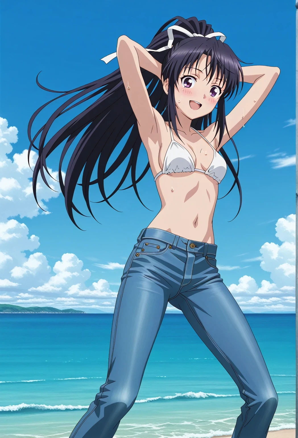 score_9, score_8_up, score_7_up, source_anime, highres, hi res, ((best quality, top quality, perfect quality, Highest Quality, amazing quality)), {{masterpiece}}, {{an extremely delicate and beautiful}}, 2d, intricate details, official style, anime, 8k, anime style, official_anime, official art, digital painting, cell shading, soft shading, high resolution, soothing tones, Subdued Color, Soft cinematic light, adobe lightroom, photolab, HDR, intricately and hyper-detailed, ((high quality animation)), 1 girl, Alone, solo, ((ocean)), tsunami, on the water, day, sunny, outdoors, sky, windy, kaori kanzaki, long hair, black hair, ribbon, white ribbon, very long hair, hair ribbon, ponytail, purple eyes, mature female, anime screencap, small breasts, white bikini top, best quality, hyper-detailed jeans, ((blue jeans:1.9)), (dark blue jeans:0.6), full medium body, medium shot, Open mouth, smiling, happy face, blush, sweat, standing, ((arms behind head:6.0)), bowlegged, jumping pose, action, looking at viewer, spread legs, Bend knees slightly, straight-on front view