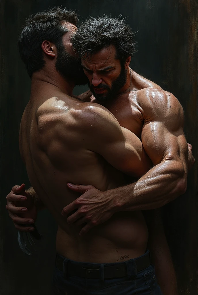 two  man hugging in the bathroom, muscular male, , bara, male focus, 2men,  hair, hug, , , gay men, gay, gay love, {{}}, flustered, yaoi, multiple men, 40's, daddy, older, pectorals, muscular, big muscles, large , large pectorals, pectoral grab, large , big chest, abs, mature male, pubic hair, , grabbing, beard, stomach, male pubic hair, navel, navel hair, thighs, dark-skinned male, dark skin, short hair, , thick thighs, , thick eyebrows, long hair, , black hair, , blushing, suffering, sweat