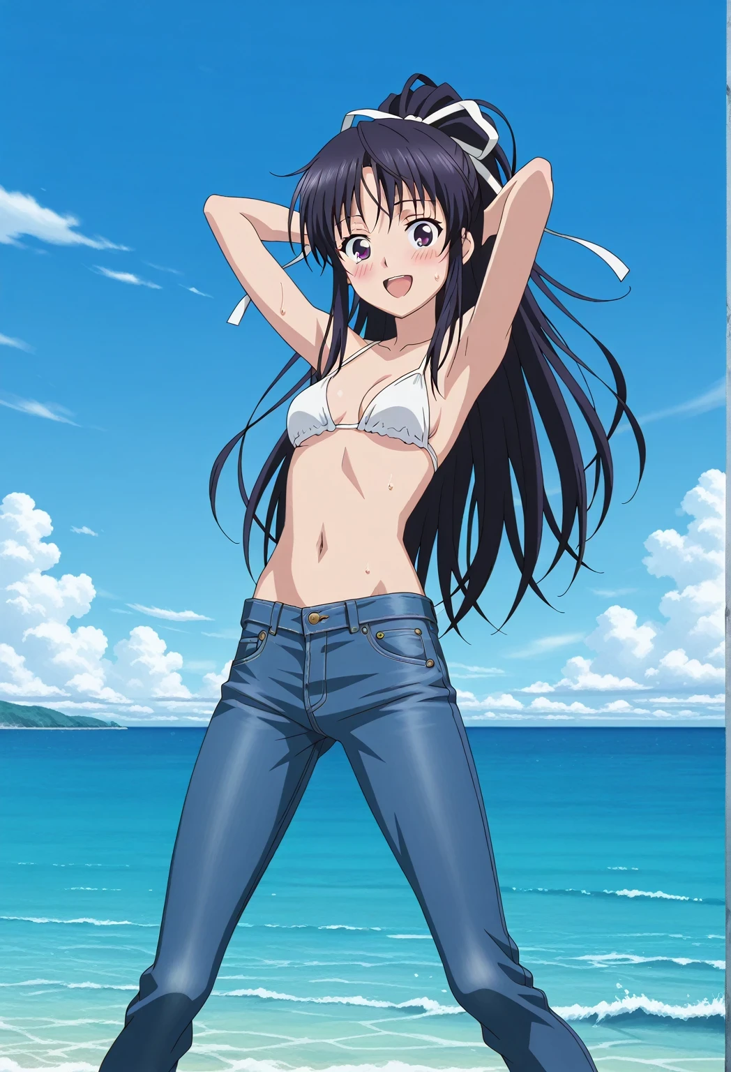 score_9, score_8_up, score_7_up, source_anime, highres, hi res, ((best quality, top quality, perfect quality, Highest Quality, amazing quality)), {{masterpiece}}, {{an extremely delicate and beautiful}}, 2d, intricate details, official style, anime, 8k, anime style, official_anime, official art, digital painting, cell shading, soft shading, high resolution, soothing tones, Subdued Color, Soft cinematic light, adobe lightroom, photolab, HDR, intricately and hyper-detailed, ((high quality animation)), 1 girl, Alone, solo, ((ocean)), tsunami, on the water, day, sunny, outdoors, sky, windy, kaori kanzaki, long hair, black hair, ribbon, white ribbon, very long hair, hair ribbon, ponytail, purple eyes, mature female, anime screencap, small breasts, white bikini top, best quality, hyper-detailed jeans, ((blue jeans:1.9)), (dark blue jeans:0.6), full medium body, medium shot, Open mouth, smiling, happy face, blush, sweat, standing, ((arms behind head:6.0)), bowlegged, jumping pose, action, looking at viewer, spread legs, Bend knees slightly, straight-on front view
