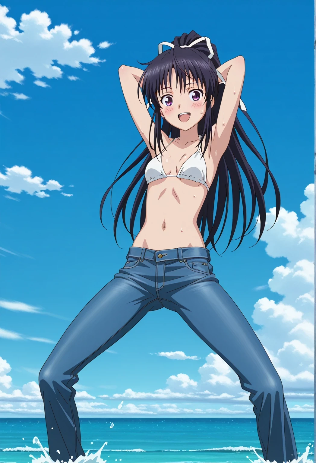 score_9, score_8_up, score_7_up, source_anime, highres, hi res, ((best quality, top quality, perfect quality, Highest Quality, amazing quality)), {{masterpiece}}, {{an extremely delicate and beautiful}}, 2d, intricate details, official style, anime, 8k, anime style, official_anime, official art, digital painting, cell shading, soft shading, high resolution, soothing tones, Subdued Color, Soft cinematic light, adobe lightroom, photolab, HDR, intricately and hyper-detailed, ((high quality animation)), 1 girl, Alone, solo, ((ocean)), tsunami, on the water, day, sunny, outdoors, sky, windy, kaori kanzaki, long hair, black hair, ribbon, white ribbon, very long hair, hair ribbon, ponytail, purple eyes, mature female, anime screencap, small breasts, white bikini top, best quality, hyper-detailed jeans, ((blue jeans:1.9)), (dark blue jeans:0.6), full medium body, medium shot, Open mouth, smiling, happy face, blush, sweat, standing, ((arms behind head:6.0)), bowlegged, jumping pose, action, looking at viewer, spread legs, Bend knees slightly, straight-on front view