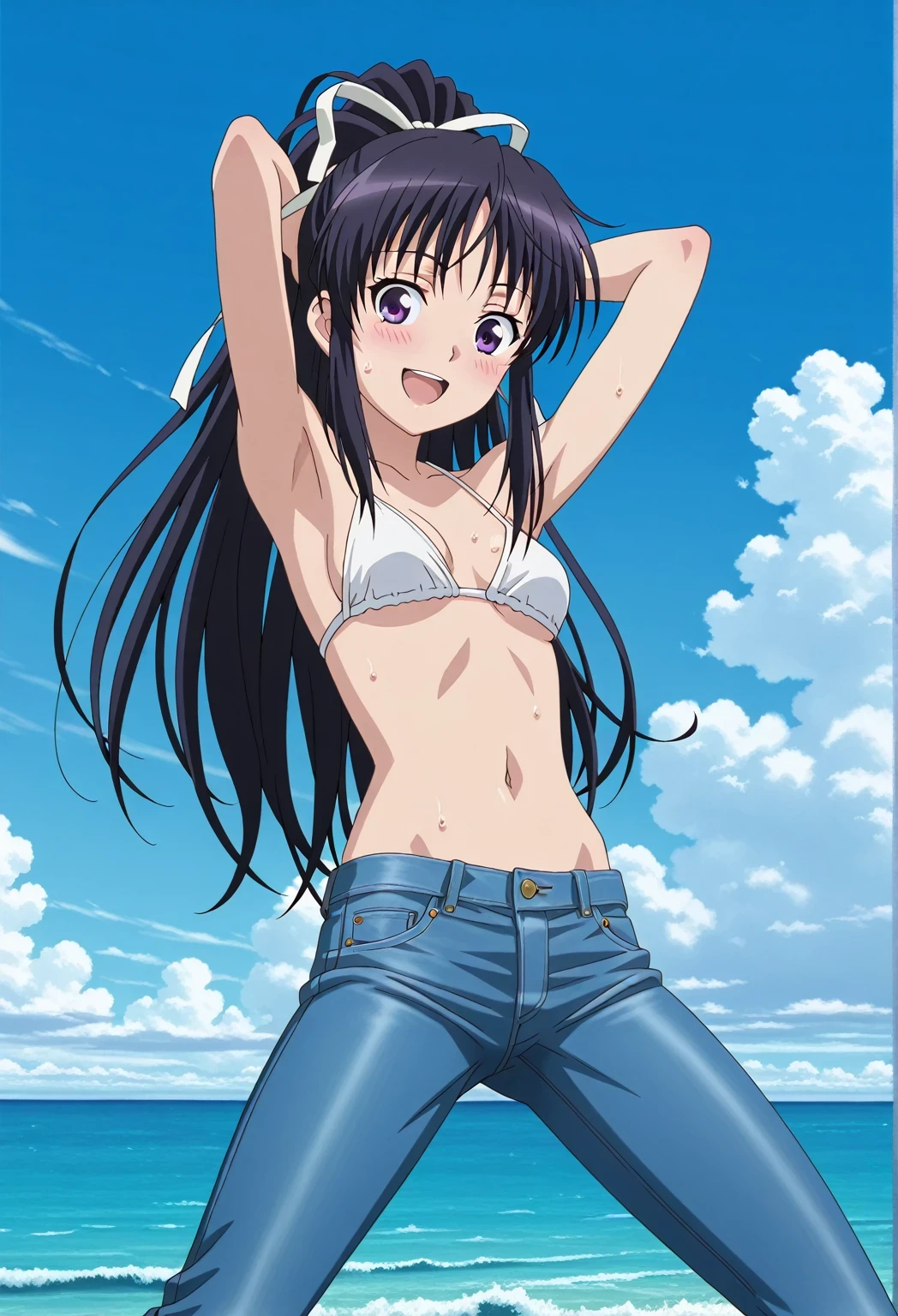 score_9, score_8_up, score_7_up, source_anime, highres, hi res, ((best quality, top quality, perfect quality, Highest Quality, amazing quality)), {{masterpiece}}, {{an extremely delicate and beautiful}}, 2d, intricate details, official style, anime, 8k, anime style, official_anime, official art, digital painting, cell shading, soft shading, high resolution, soothing tones, Subdued Color, Soft cinematic light, adobe lightroom, photolab, HDR, intricately and hyper-detailed, ((high quality animation)), 1 girl, Alone, solo, ((ocean)), tsunami, on the water, day, sunny, outdoors, sky, windy, kaori kanzaki, long hair, black hair, ribbon, white ribbon, very long hair, hair ribbon, ponytail, purple eyes, mature female, anime screencap, small breasts, white bikini top, best quality, hyper-detailed jeans, ((blue jeans:1.9)), (dark blue jeans:0.6), full medium body, medium shot, Open mouth, smiling, happy face, blush, sweat, standing, ((arms behind head:6.0)), bowlegged, jumping pose, action, looking at viewer, spread legs, Bend knees slightly, straight-on front view