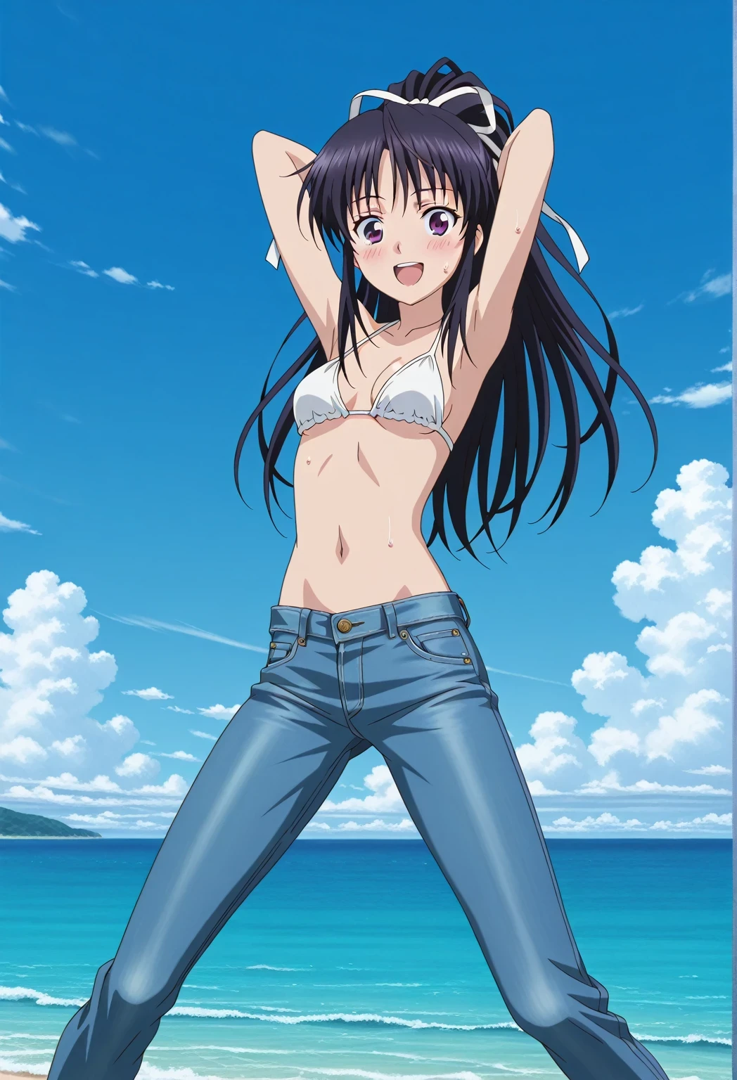 score_9, score_8_up, score_7_up, source_anime, highres, hi res, ((best quality, top quality, perfect quality, Highest Quality, amazing quality)), {{masterpiece}}, {{an extremely delicate and beautiful}}, 2d, intricate details, official style, anime, 8k, anime style, official_anime, official art, digital painting, cell shading, soft shading, high resolution, soothing tones, Subdued Color, Soft cinematic light, adobe lightroom, photolab, HDR, intricately and hyper-detailed, ((high quality animation)), 1 girl, Alone, solo, ((ocean)), tsunami, on the water, day, sunny, outdoors, sky, windy, kaori kanzaki, long hair, black hair, ribbon, white ribbon, very long hair, hair ribbon, ponytail, purple eyes, mature female, anime screencap, small breasts, white bikini top, best quality, hyper-detailed jeans, ((blue jeans:1.9)), (dark blue jeans:0.6), full medium body, medium shot, Open mouth, smiling, happy face, blush, sweat, standing, ((arms behind head:6.0)), bowlegged, jumping pose, action, looking at viewer, spread legs, Bend knees slightly, straight-on front view