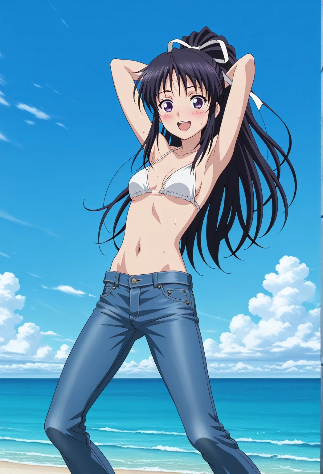 score_9, score_8_up, score_7_up, source_anime, highres, hi res, ((best quality, top quality, perfect quality, Highest Quality, amazing quality)), {{masterpiece}}, {{an extremely delicate and beautiful}}, 2d, intricate details, official style, anime, 8k, anime style, official_anime, official art, digital painting, cell shading, soft shading, high resolution, soothing tones, Subdued Color, Soft cinematic light, adobe lightroom, photolab, HDR, intricately and hyper-detailed, ((high quality animation)), 1 girl, Alone, solo, ((ocean)), tsunami, on the water, day, sunny, outdoors, sky, windy, kaori kanzaki, long hair, black hair, ribbon, white ribbon, very long hair, hair ribbon, ponytail, purple eyes, mature female, anime screencap, small breasts, white bikini top, best quality, hyper-detailed jeans, ((blue jeans:1.9)), (dark blue jeans:0.6), full medium body, medium shot, Open mouth, smiling, happy face, blush, sweat, standing, ((arms behind head:6.0)), bowlegged, jumping pose, action, looking at viewer, spread legs, Bend knees slightly, straight-on front view