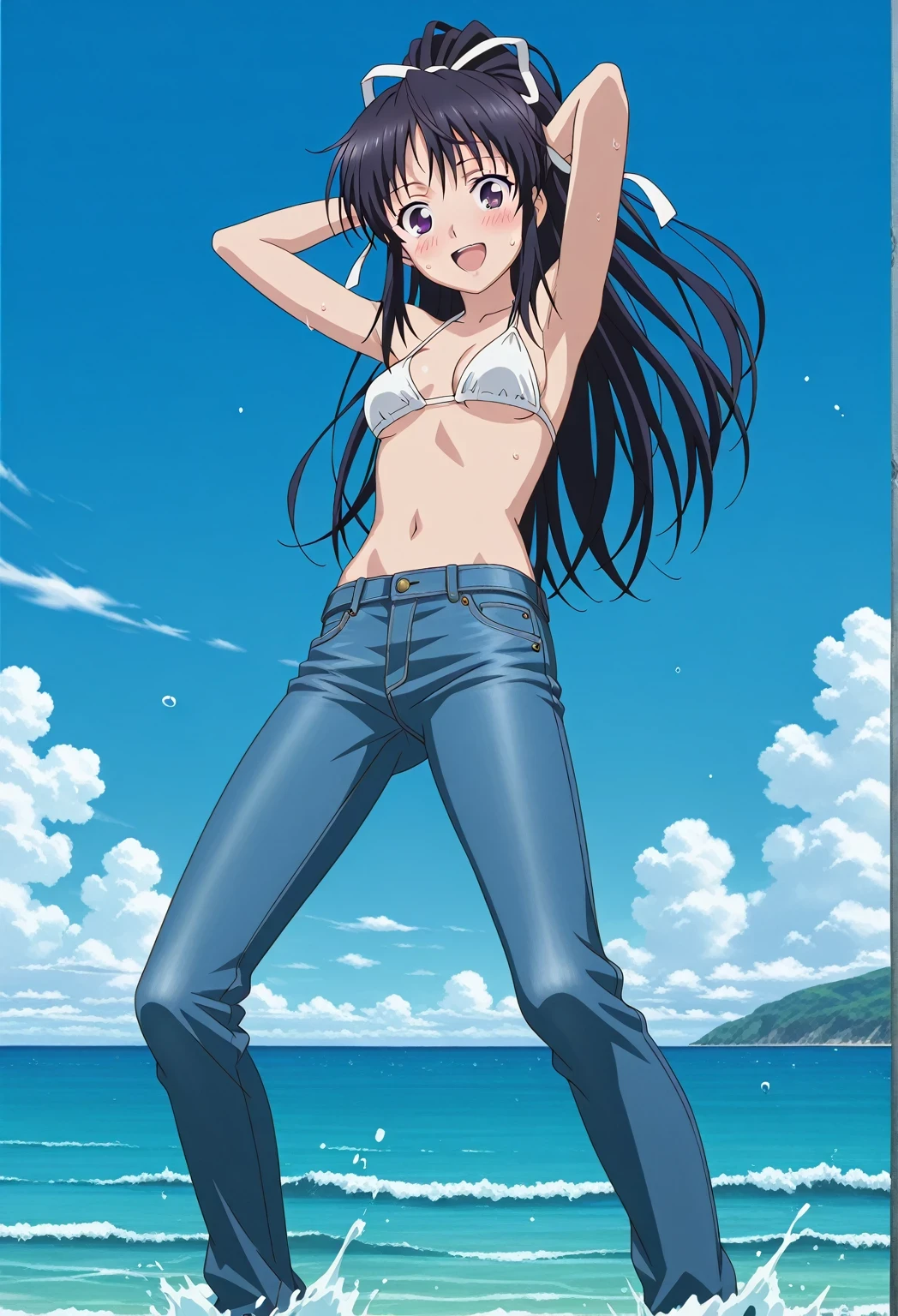 score_9, score_8_up, score_7_up, source_anime, highres, hi res, ((best quality, top quality, perfect quality, Highest Quality, amazing quality)), {{masterpiece}}, {{an extremely delicate and beautiful}}, 2d, intricate details, official style, anime, 8k, anime style, official_anime, official art, digital painting, cell shading, soft shading, high resolution, soothing tones, Subdued Color, Soft cinematic light, adobe lightroom, photolab, HDR, intricately and hyper-detailed, ((high quality animation)), 1 girl, Alone, solo, ((ocean)), tsunami, on the water, day, sunny, outdoors, sky, windy, kaori kanzaki, long hair, black hair, ribbon, white ribbon, very long hair, hair ribbon, ponytail, purple eyes, mature female, anime screencap, small breasts, white bikini top, best quality, hyper-detailed jeans, ((blue jeans:1.9)), (dark blue jeans:0.6), full medium body, medium shot, Open mouth, smiling, happy face, blush, sweat, standing, ((arms behind head:6.0)), bowlegged, jumping pose, action, looking at viewer, spread legs, Bend knees slightly, straight-on front view