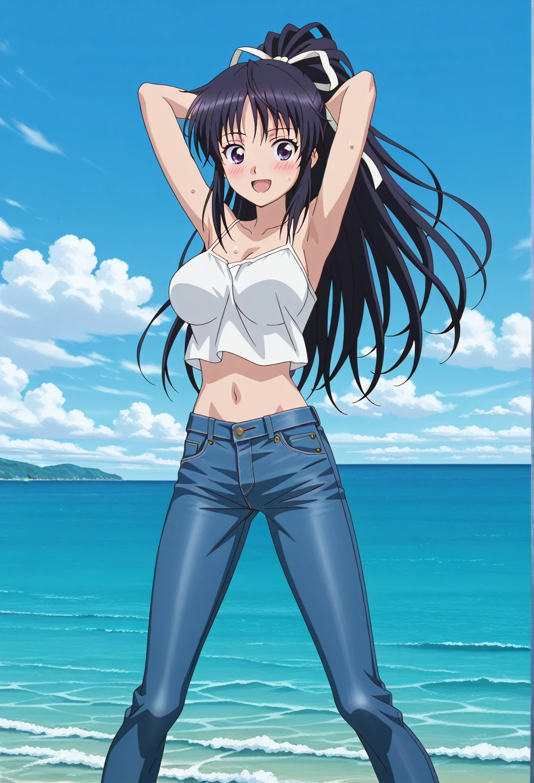 score_9, score_8_up, score_7_up, source_anime, highres, hi res, ((best quality, top quality, perfect quality, Highest Quality, amazing quality)), {{masterpiece}}, {{an extremely delicate and beautiful}}, 2d, intricate details, official style, anime, 8k, anime style, official_anime, official art, digital painting, cell shading, soft shading, high resolution, soothing tones, Subdued Color, Soft cinematic light, adobe lightroom, photolab, HDR, intricately and hyper-detailed, ((high quality animation)), 1 girl, Alone, solo, ((ocean)), tsunami, on the water, day, sunny, outdoors, sky, windy, kaori kanzaki, long hair, black hair, ribbon, white ribbon, very long hair, hair ribbon, ponytail, purple eyes, mature female, anime screencap, large breasts, white camisole top, crop top, white crop top, best quality, hyper-detailed jeans, ((blue jeans:1.9)), (dark blue jeans:0.6), full medium body, medium shot, Open mouth, smiling, happy face, blush, sweat, standing, ((arms behind head:6.0)), bowlegged, jumping pose, action, looking at viewer, spread legs, Bend knees slightly, straight-on front view
