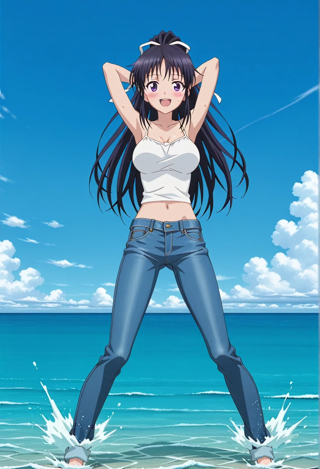 score_9, score_8_up, score_7_up, source_anime, highres, hi res, ((best quality, top quality, perfect quality, Highest Quality, amazing quality)), {{masterpiece}}, {{an extremely delicate and beautiful}}, 2d, intricate details, official style, anime, 8k, anime style, official_anime, official art, digital painting, cell shading, soft shading, high resolution, soothing tones, Subdued Color, Soft cinematic light, adobe lightroom, photolab, HDR, intricately and hyper-detailed, ((high quality animation)), 1 girl, Alone, solo, ((ocean)), tsunami, on the water, day, sunny, outdoors, sky, windy, kaori kanzaki, long hair, black hair, ribbon, white ribbon, very long hair, hair ribbon, ponytail, purple eyes, mature female, anime screencap, large breasts, white camisole top, crop top, white crop top, best quality, hyper-detailed jeans, ((blue jeans:1.9)), (dark blue jeans:0.6), full medium body, medium shot, Open mouth, smiling, happy face, blush, sweat, standing, ((arms behind head:6.0)), bowlegged, jumping pose, action, looking at viewer, spread legs, Bend knees slightly, straight-on front view