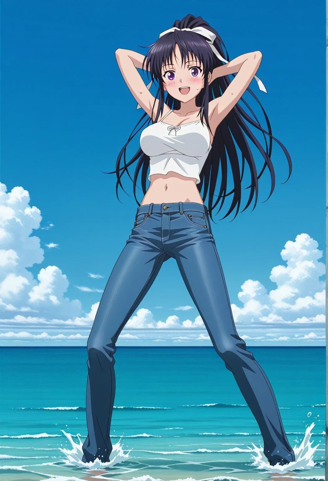 score_9, score_8_up, score_7_up, source_anime, highres, hi res, ((best quality, top quality, perfect quality, Highest Quality, amazing quality)), {{masterpiece}}, {{an extremely delicate and beautiful}}, 2d, intricate details, official style, anime, 8k, anime style, official_anime, official art, digital painting, cell shading, soft shading, high resolution, soothing tones, Subdued Color, Soft cinematic light, adobe lightroom, photolab, HDR, intricately and hyper-detailed, ((high quality animation)), 1 girl, Alone, solo, ((ocean)), tsunami, on the water, day, sunny, outdoors, sky, windy, kaori kanzaki, long hair, black hair, ribbon, white ribbon, very long hair, hair ribbon, ponytail, purple eyes, mature female, anime screencap, large breasts, white camisole top, crop top, white crop top, best quality, hyper-detailed jeans, ((blue jeans:1.9)), (dark blue jeans:0.6), full medium body, medium shot, Open mouth, smiling, happy face, blush, sweat, standing, ((arms behind head:6.0)), bowlegged, jumping pose, action, looking at viewer, spread legs, Bend knees slightly, straight-on front view
