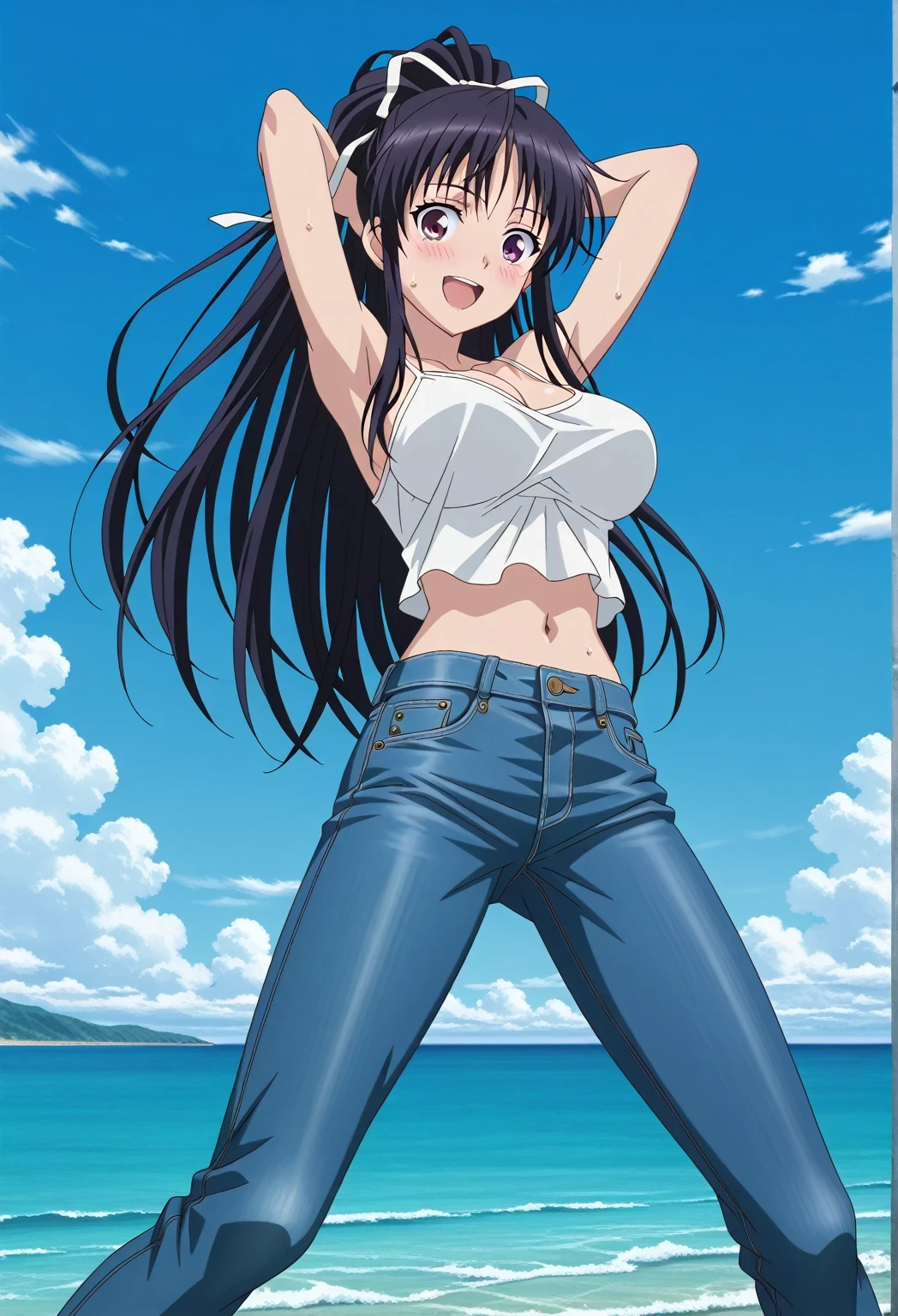 score_9, score_8_up, score_7_up, source_anime, highres, hi res, ((best quality, top quality, perfect quality, Highest Quality, amazing quality)), {{masterpiece}}, {{an extremely delicate and beautiful}}, 2d, intricate details, official style, anime, 8k, anime style, official_anime, official art, digital painting, cell shading, soft shading, high resolution, soothing tones, Subdued Color, Soft cinematic light, adobe lightroom, photolab, HDR, intricately and hyper-detailed, ((high quality animation)), 1 girl, Alone, solo, ((ocean)), tsunami, on the water, day, sunny, outdoors, sky, windy, kaori kanzaki, long hair, black hair, ribbon, white ribbon, very long hair, hair ribbon, ponytail, purple eyes, mature female, anime screencap, large breasts, white camisole top, crop top, white crop top, best quality, hyper-detailed jeans, ((blue jeans:1.9)), (dark blue jeans:0.6), full medium body, medium shot, Open mouth, smiling, happy face, blush, sweat, standing, ((arms behind head:6.0)), bowlegged, jumping pose, action, looking at viewer, spread legs, Bend knees slightly, straight-on front view