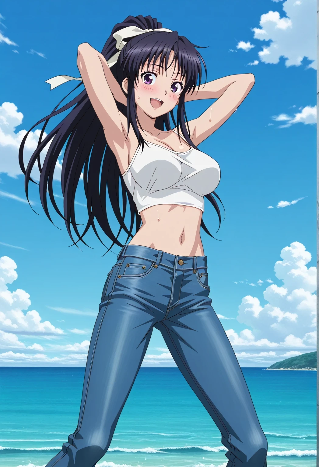 score_9, score_8_up, score_7_up, source_anime, highres, hi res, ((best quality, top quality, perfect quality, Highest Quality, amazing quality)), {{masterpiece}}, {{an extremely delicate and beautiful}}, 2d, intricate details, official style, anime, 8k, anime style, official_anime, official art, digital painting, cell shading, soft shading, high resolution, soothing tones, Subdued Color, Soft cinematic light, adobe lightroom, photolab, HDR, intricately and hyper-detailed, ((high quality animation)), 1 girl, Alone, solo, ((ocean)), tsunami, on the water, day, sunny, outdoors, sky, windy, kaori kanzaki, long hair, black hair, ribbon, white ribbon, very long hair, hair ribbon, ponytail, purple eyes, mature female, anime screencap, large breasts, white camisole top, crop top, white crop top, best quality, hyper-detailed jeans, ((blue jeans:1.9)), (dark blue jeans:0.6), full medium body, medium shot, Open mouth, smiling, happy face, blush, sweat, standing, ((arms behind head:6.0)), bowlegged, jumping pose, action, looking at viewer, spread legs, Bend knees slightly, straight-on front view