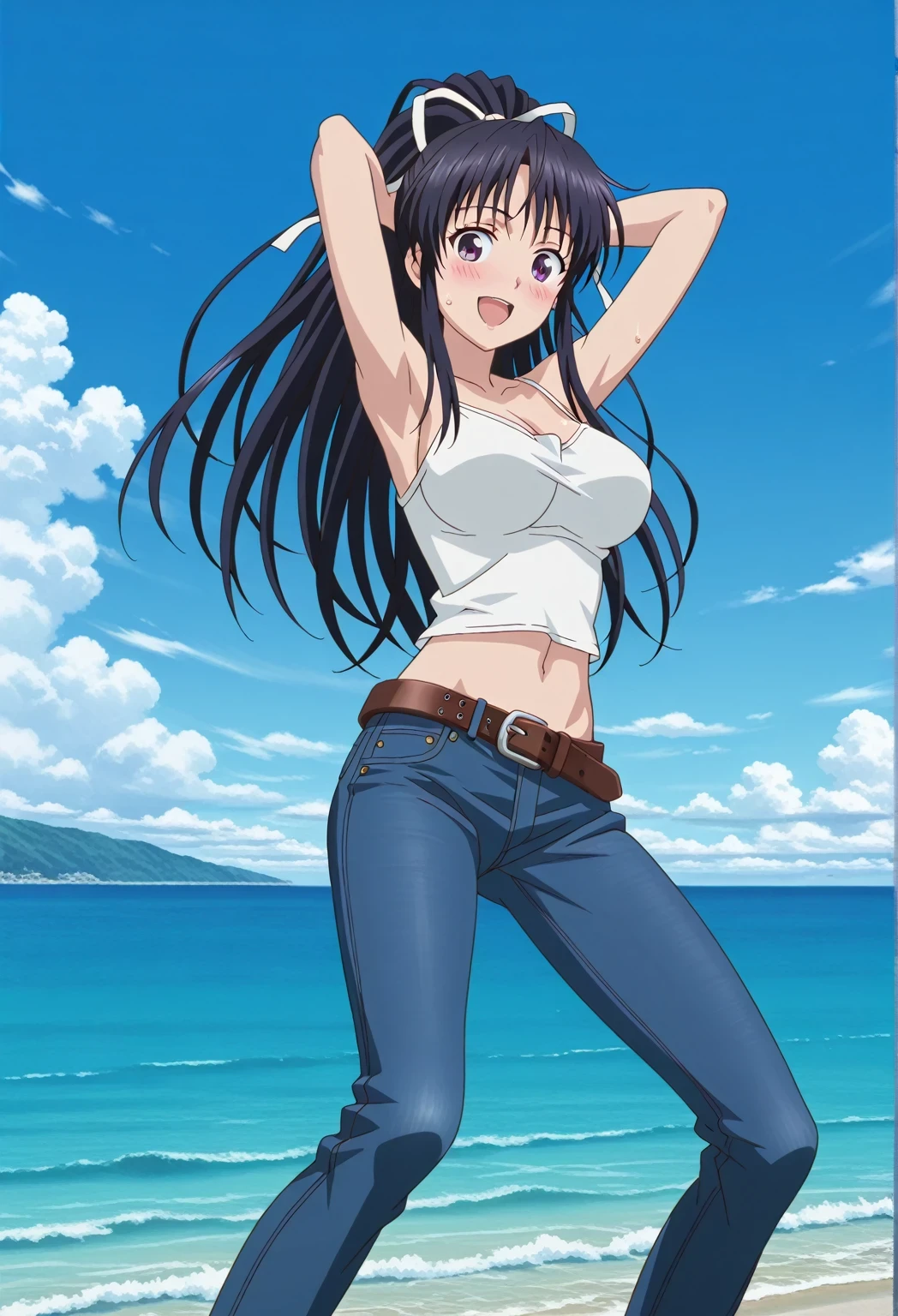 score_9, score_8_up, score_7_up, source_anime, highres, hi res, ((best quality, top quality, perfect quality, Highest Quality, amazing quality)), {{masterpiece}}, {{an extremely delicate and beautiful}}, 2d, intricate details, official style, anime, 8k, anime style, official_anime, official art, digital painting, cell shading, soft shading, high resolution, soothing tones, Subdued Color, Soft cinematic light, adobe lightroom, photolab, HDR, intricately and hyper-detailed, ((high quality animation)), 1 girl, Alone, solo, ((ocean)), tsunami, on the water, day, sunny, outdoors, sky, windy, kaori kanzaki, long hair, black hair, ribbon, white ribbon, very long hair, hair ribbon, ponytail, purple eyes, mature female, anime screencap, large breasts, white camisole top, crop top, white crop top, best quality, hyper-detailed jeans, belt, brown belt, ((blue jeans:1.9)), (dark blue jeans:0.6), full medium body, medium shot, Open mouth, smiling, happy face, blush, sweat, standing, ((arms behind head:6.0)), bowlegged, jumping pose, action, looking at viewer, spread legs, Bend knees slightly, straight-on front view